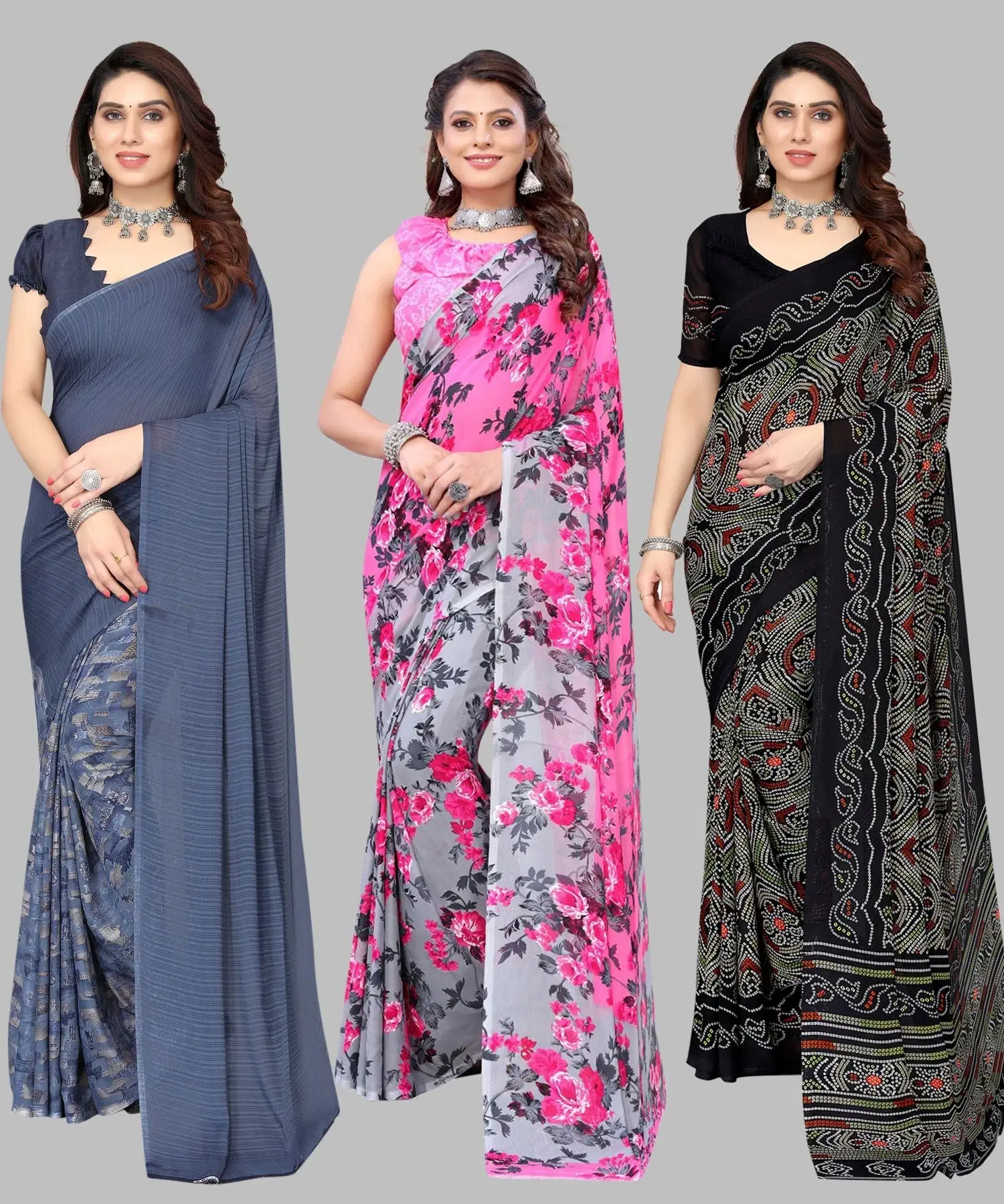 Yashika Georgette Printed Regular Saree With Unstitched Blouse Piece ( Grey )     			Yashika Georgette Printed Regular Saree With Unstitched Blouse Piece ( Grey )