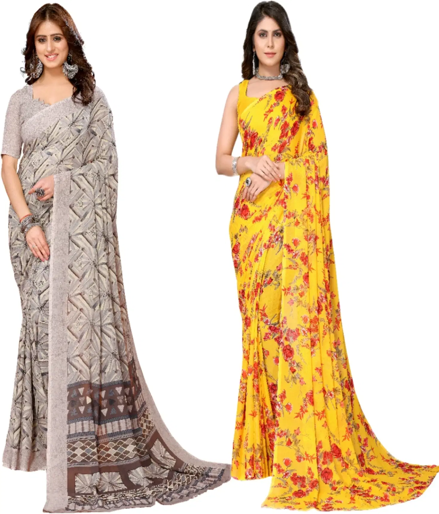     			Yashika Georgette Printed Regular Saree With Unstitched Blouse Piece ( Brown )