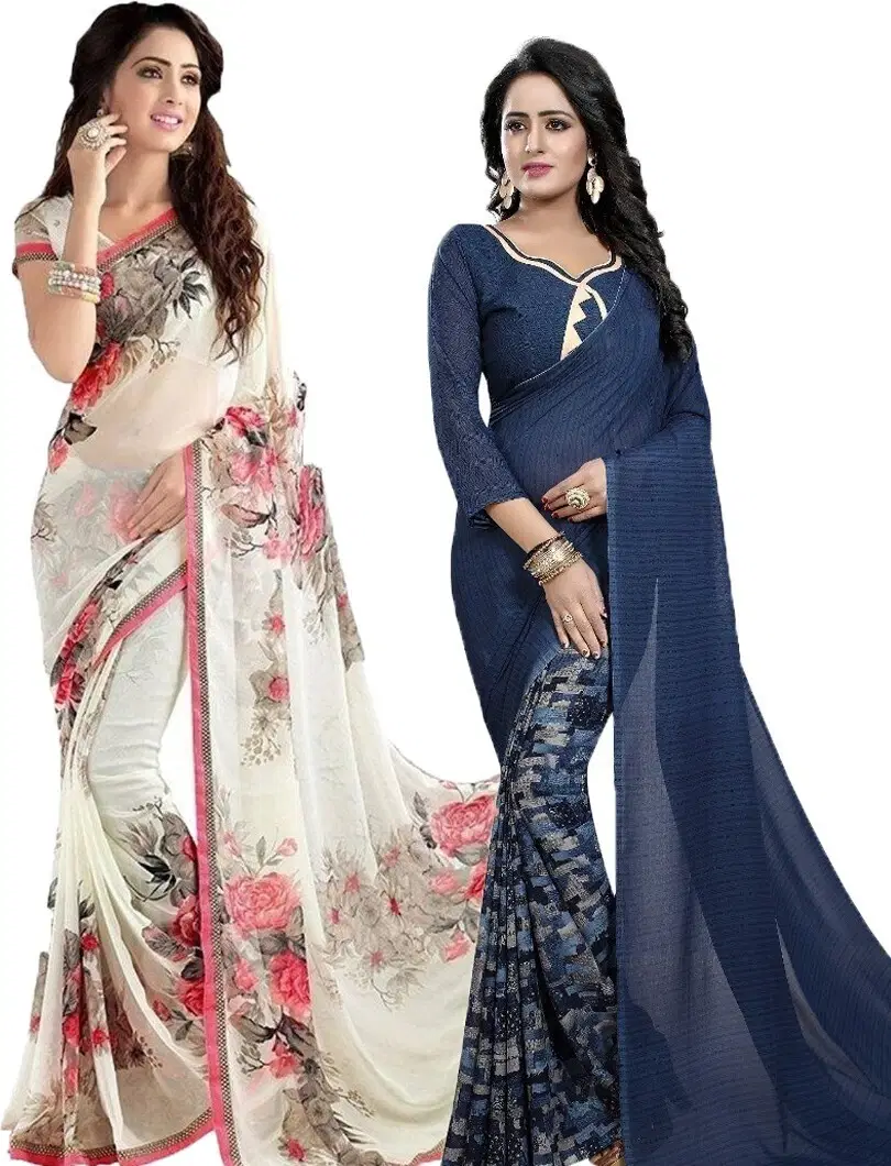 Yashika Georgette Printed Regular Saree With Unstitched Blouse Piece ( Navy Blue ) Yashika Georgette Printed Regular Saree With Unstitched Blouse Piece ( Navy Blue )