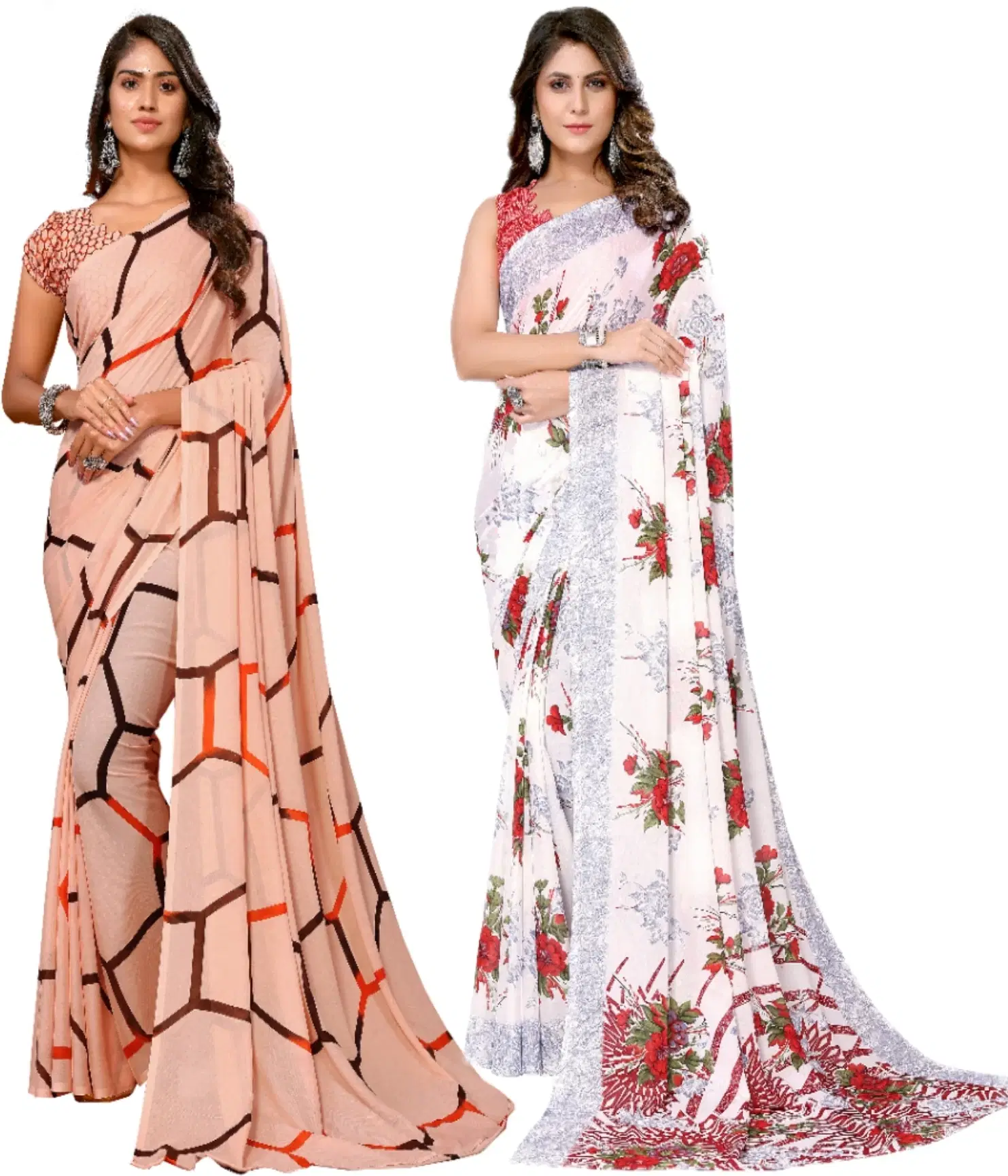 Yashika Georgette Printed Regular Saree With Unstitched Blouse Piece ( Brown ) - Sarees | Buy online on ZillyBuy