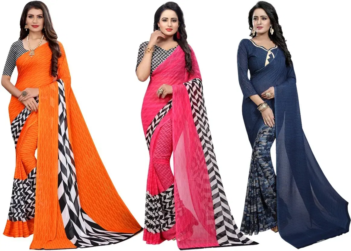     			Yashika Georgette Printed Regular Saree With Unstitched Blouse Piece ( Navy Blue )