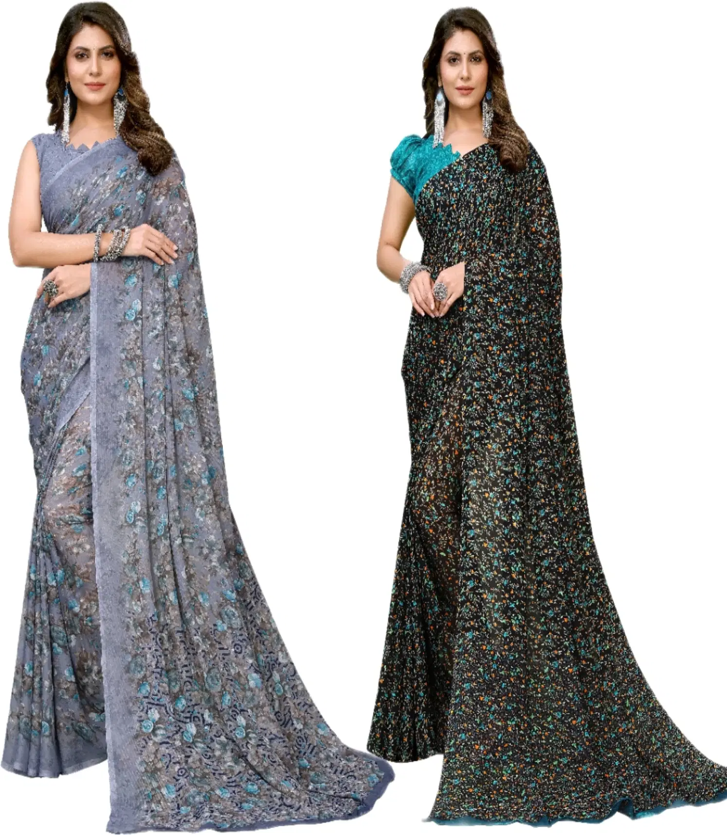    			Yashika Georgette Printed Regular Saree With Unstitched Blouse Piece ( Grey )
