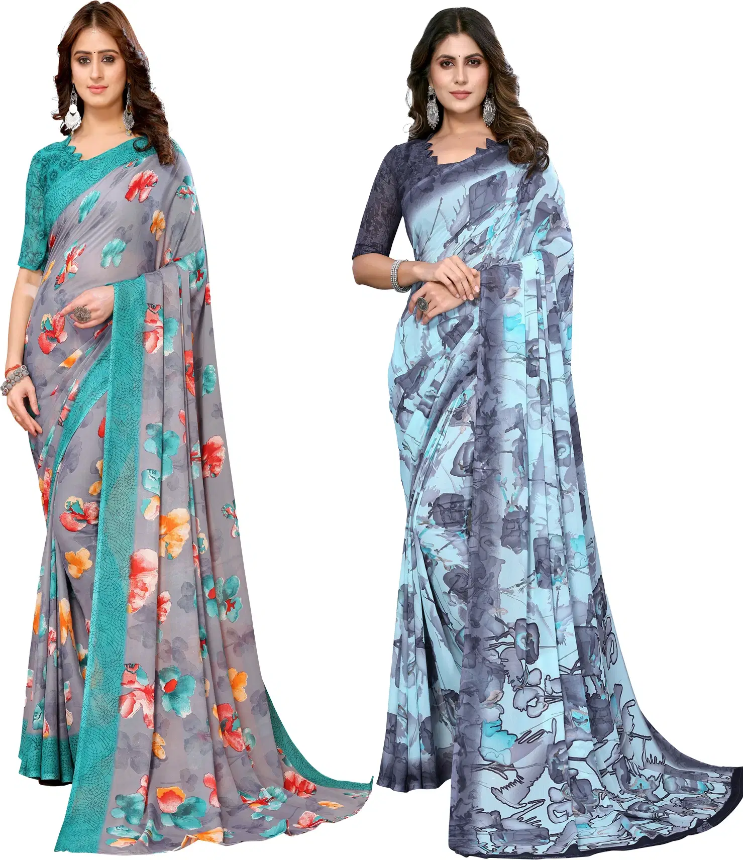 Yashika Georgette Printed Regular Saree With Unstitched Blouse Piece ( Blue ) Yashika Georgette Printed Regular Saree With Unstitched Blouse Piece ( Blue )