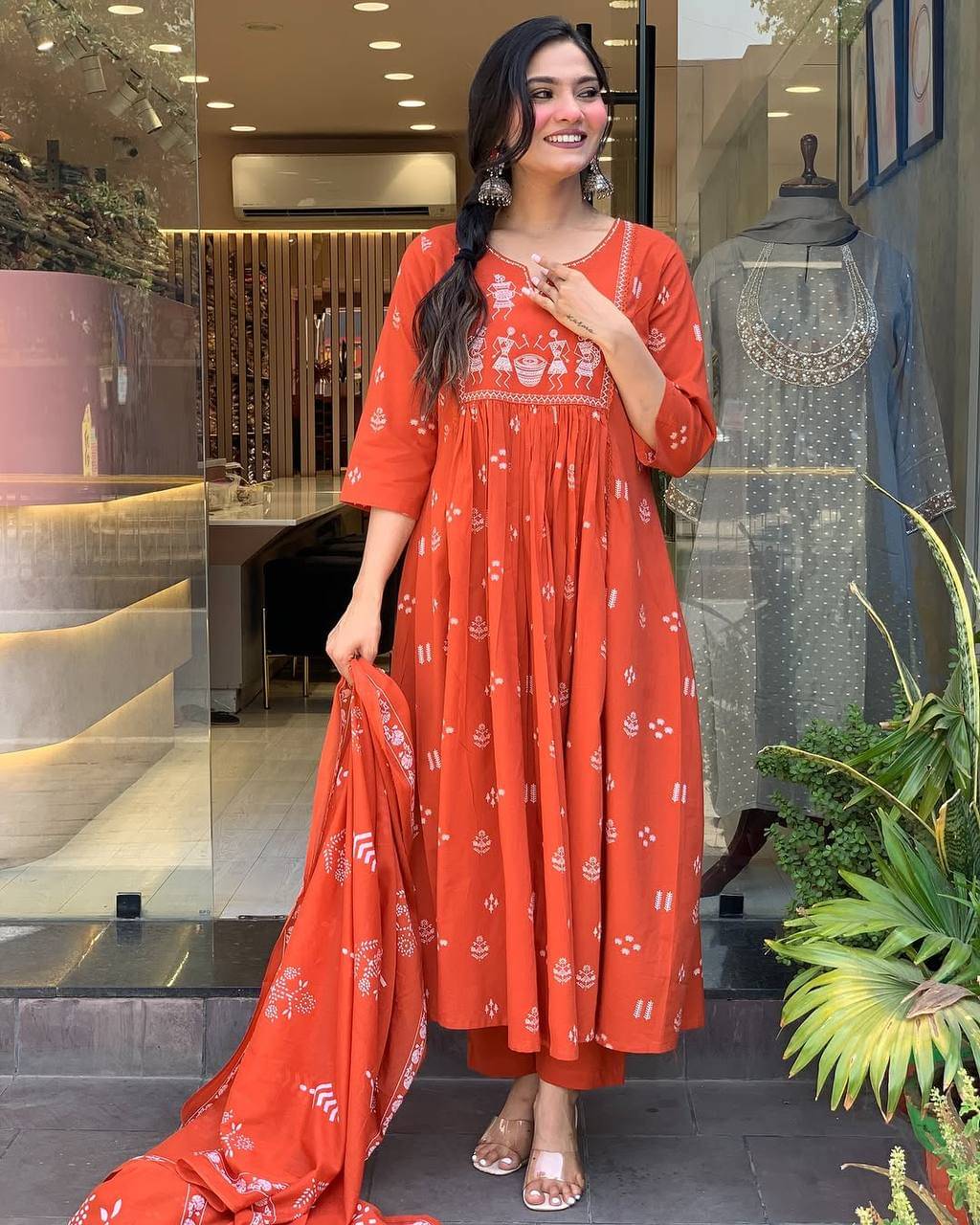     			ZOOFLINE Women Cotton Embroidered Flared Kurti With Pants ( Orange )