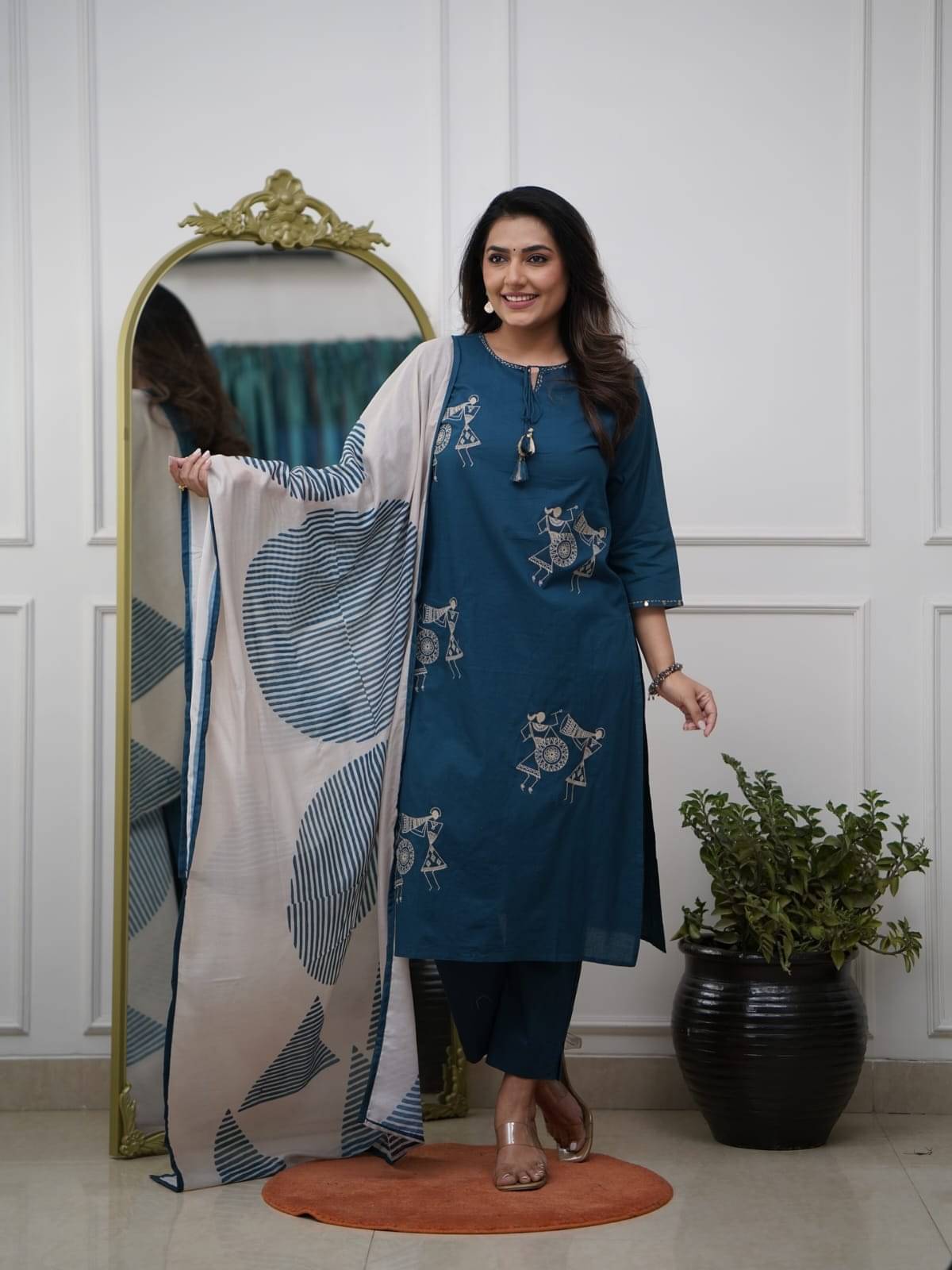     			ZOOFLINE Women Silk Embroidered Straight Kurti With Pants ( Blue )