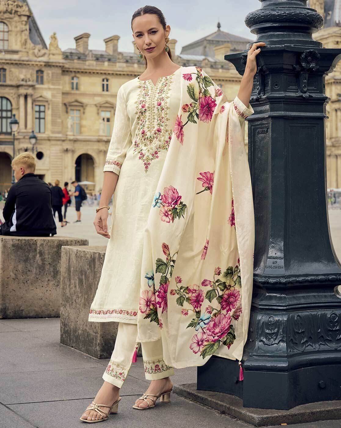     			ZOOFLINE Women Viscose Embroidered Straight Kurti With Pants ( Beige )