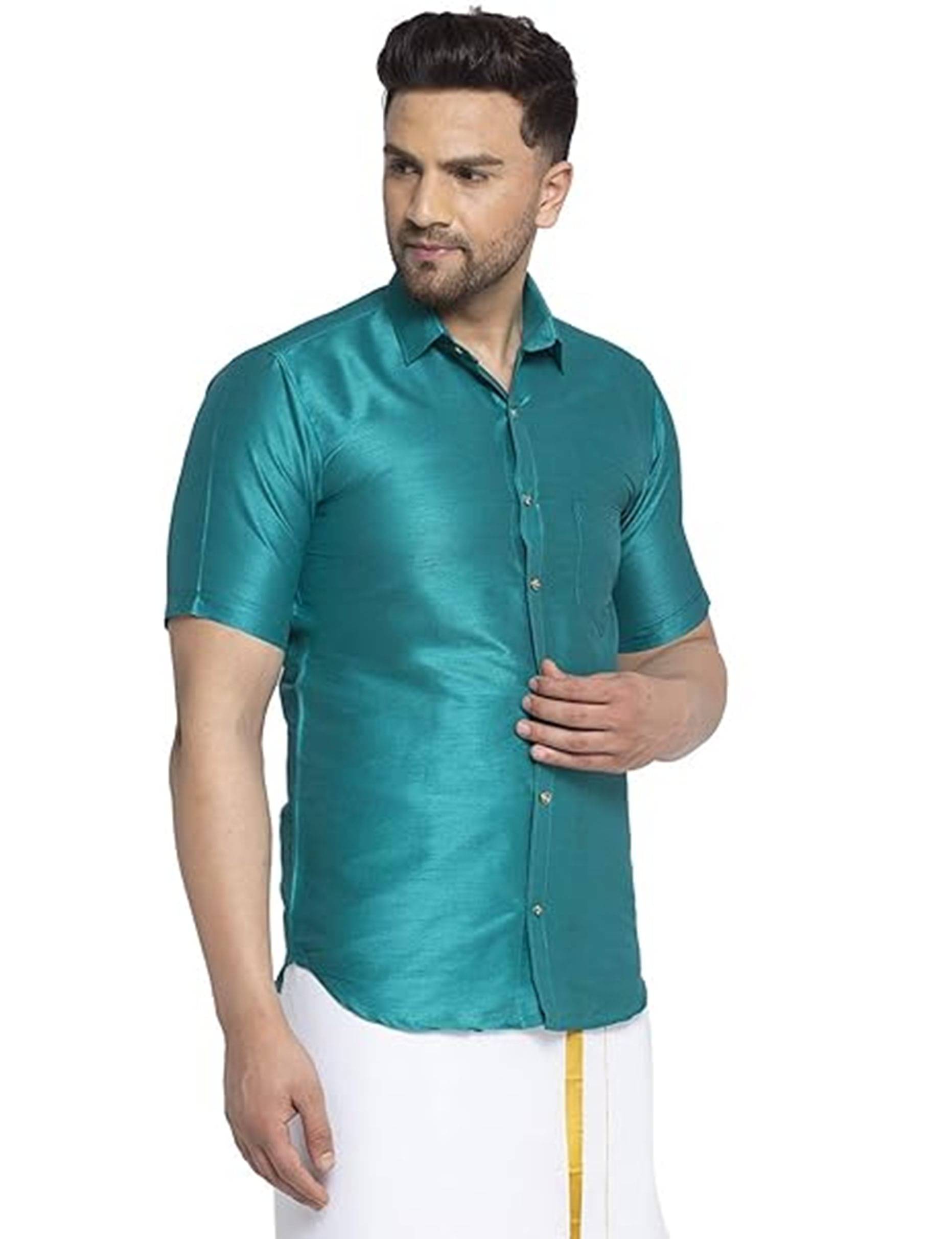     			first one Silk Regular Fit Half Sleeves Men's Formal Shirt - Teal ( Pack of 1 )