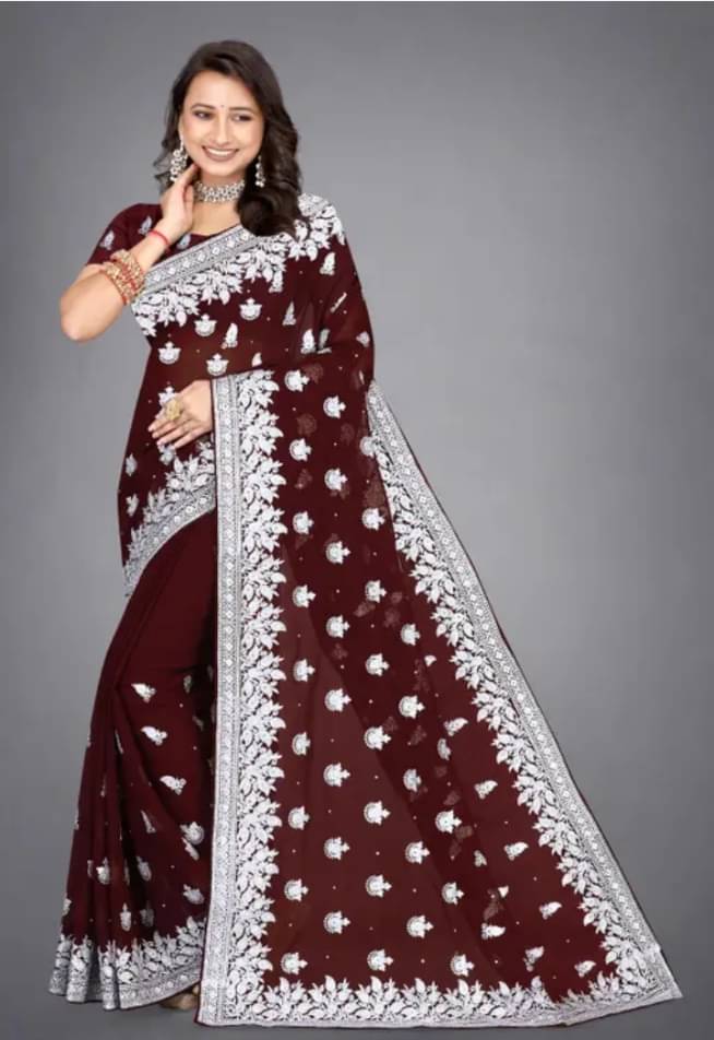     			krishna trends Georgette Embroidered Maheshwari Saree With Unstitched Blouse Piece ( Coffee Brown )