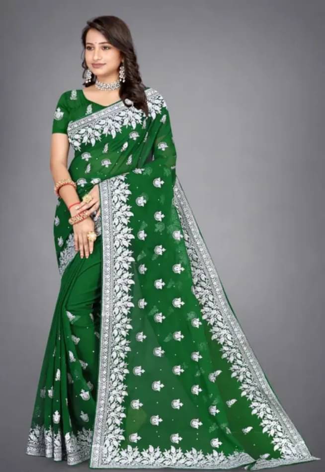 krishna trends Georgette Embroidered Maheshwari Saree With Unstitched Blouse Piece ( Green ) krishna trends Georgette Embroidered Maheshwari Saree With Unstitched Blouse Piece ( Green )