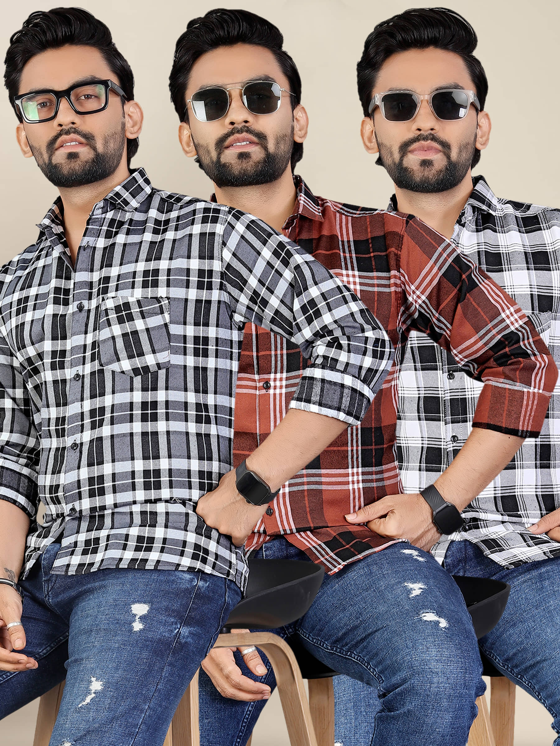 ADWYN PETER 100% Cotton Regular Fit Checks Full Sleeves Men's Casual Shirt - Multicolor 2 ( Pack of 3 )