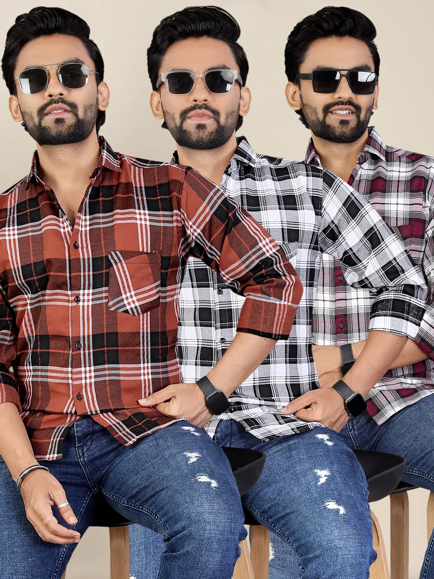     			ADWYN PETER 100% Cotton Regular Fit Checks Full Sleeves Men's Casual Shirt - Multicolor 8 ( Pack of 3 )