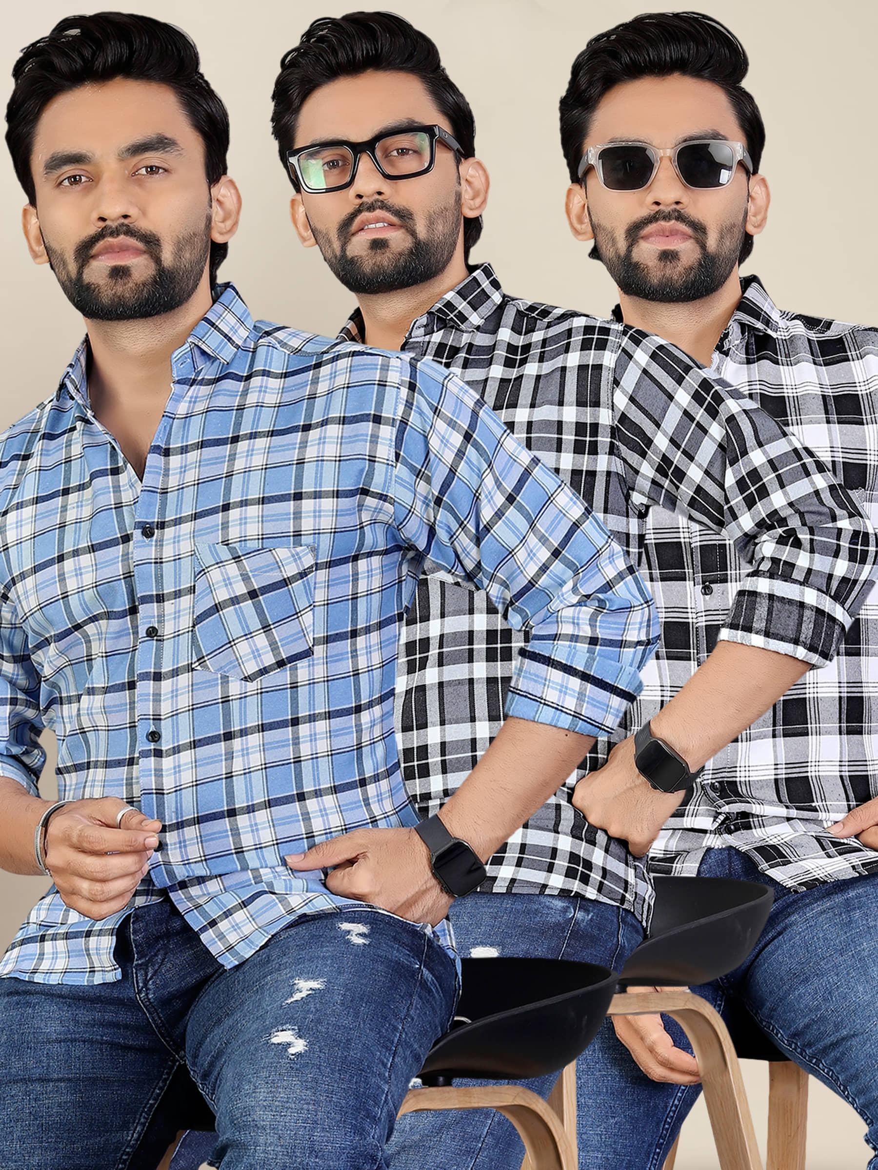 ADWYN PETER 100% Cotton Regular Fit Checks Full Sleeves Men's Casual Shirt - Multicolor 2 ( Pack of 3 )