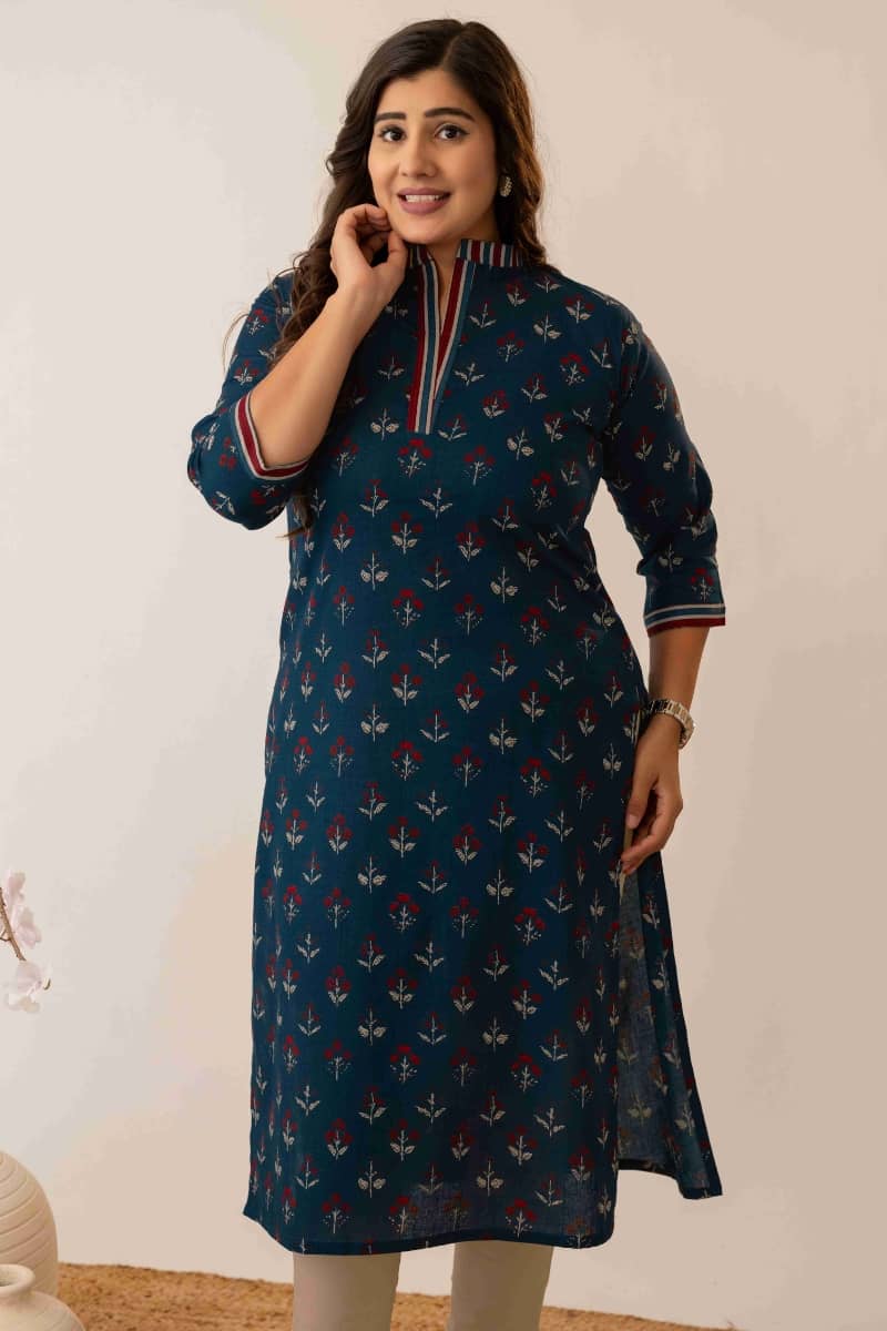 AMTHI Women Cotton Self Design Straight Kurti ( Navy Blue ) - Kurtis, Tunics | Buy online on ZillyBuy