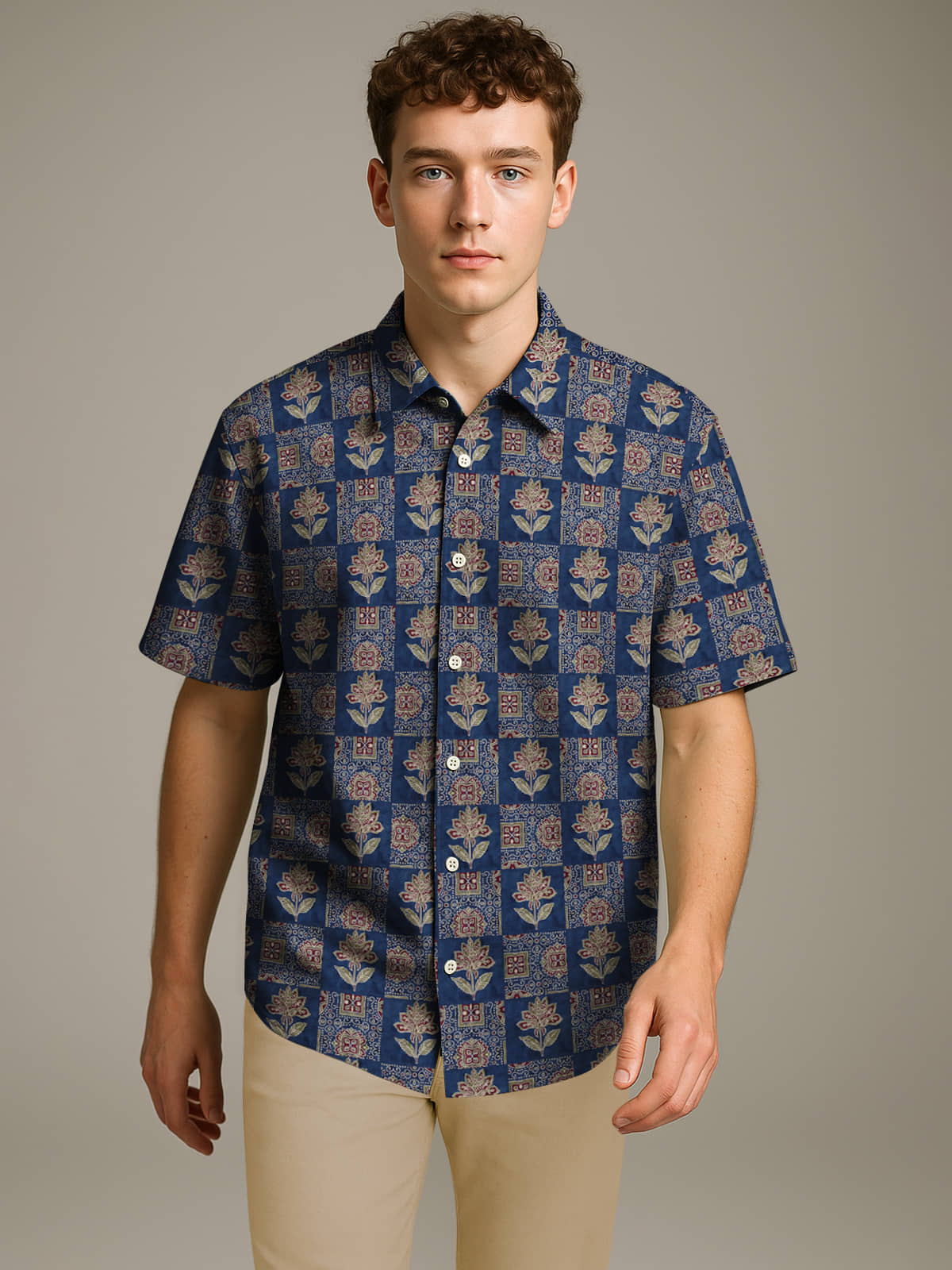 BULLMER Trendy Regular Fit Cotton Blend Printed Casual Half Sleeve Shirt for Men | Stylish Mens Casual Shirts | Shirts for Men_Navy Blue