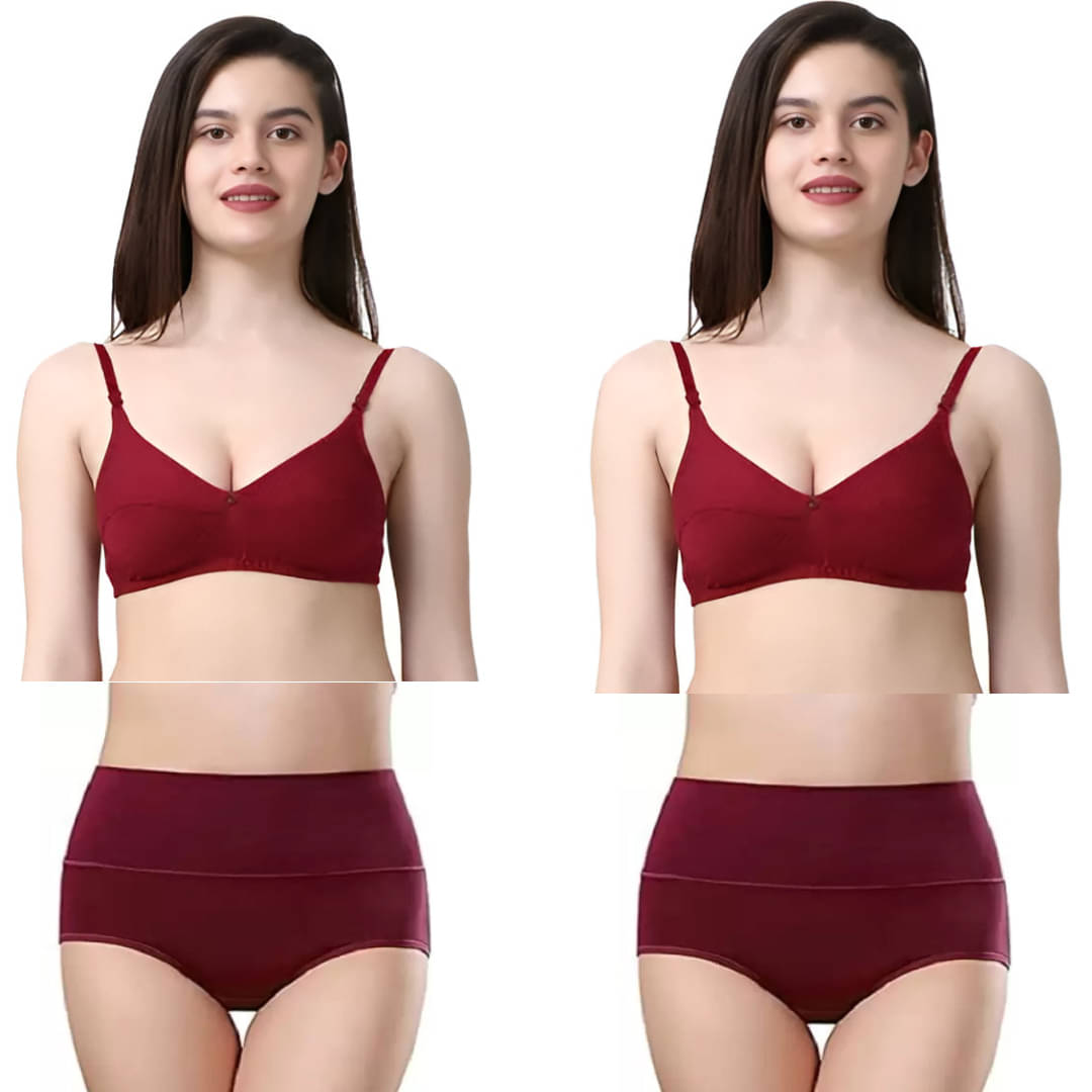     			Bebron Cotton Blend Non Padded Bra & Panty Set ( Maroon , Pack of 2 )