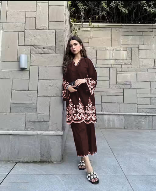    			CITYTALK Women Cotton Blend Embroidered Straight Kurti With Pants ( Brown )