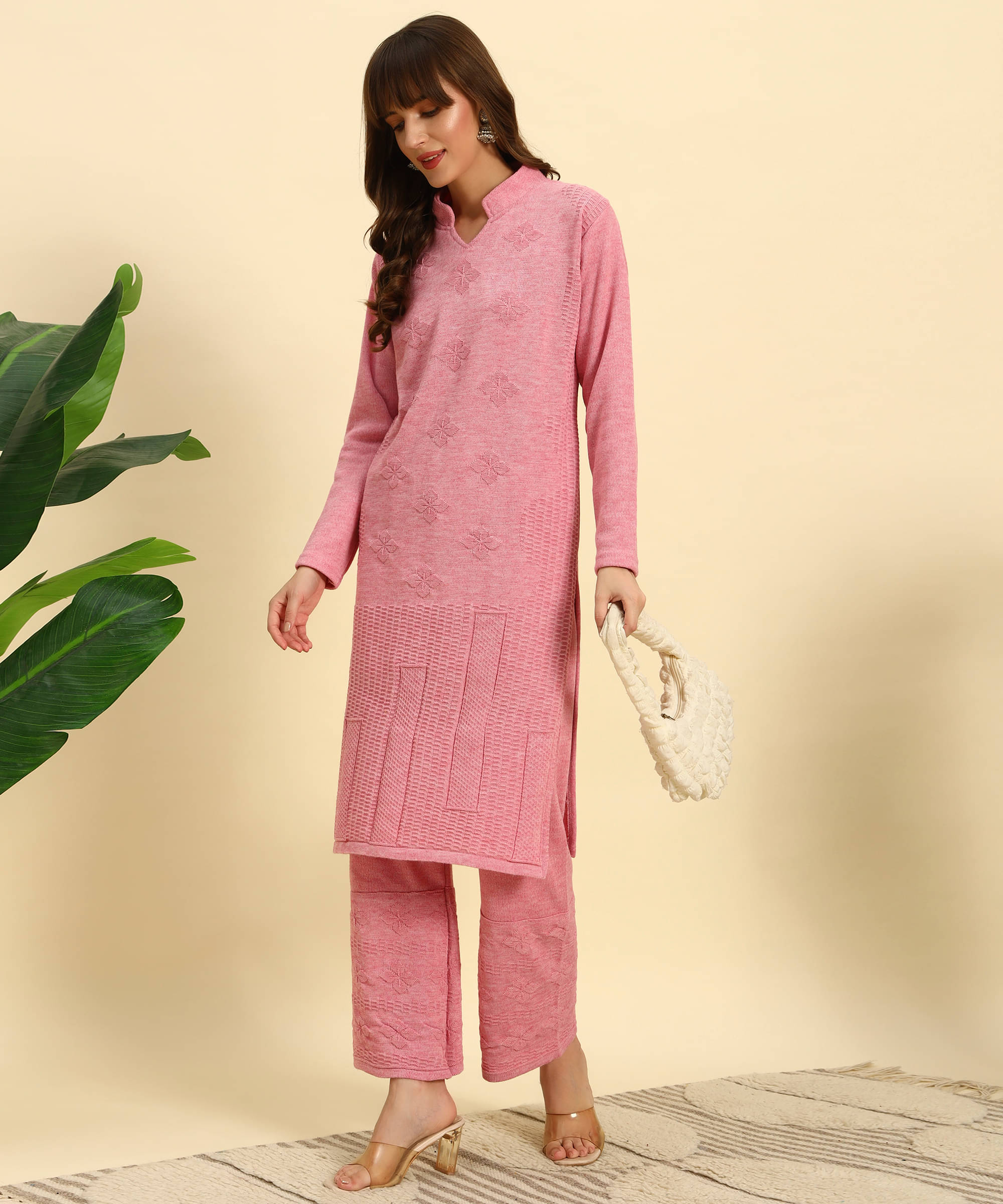     			Canblar Women Woollen Solid Straight Kurti With Palazzo ( Pink )