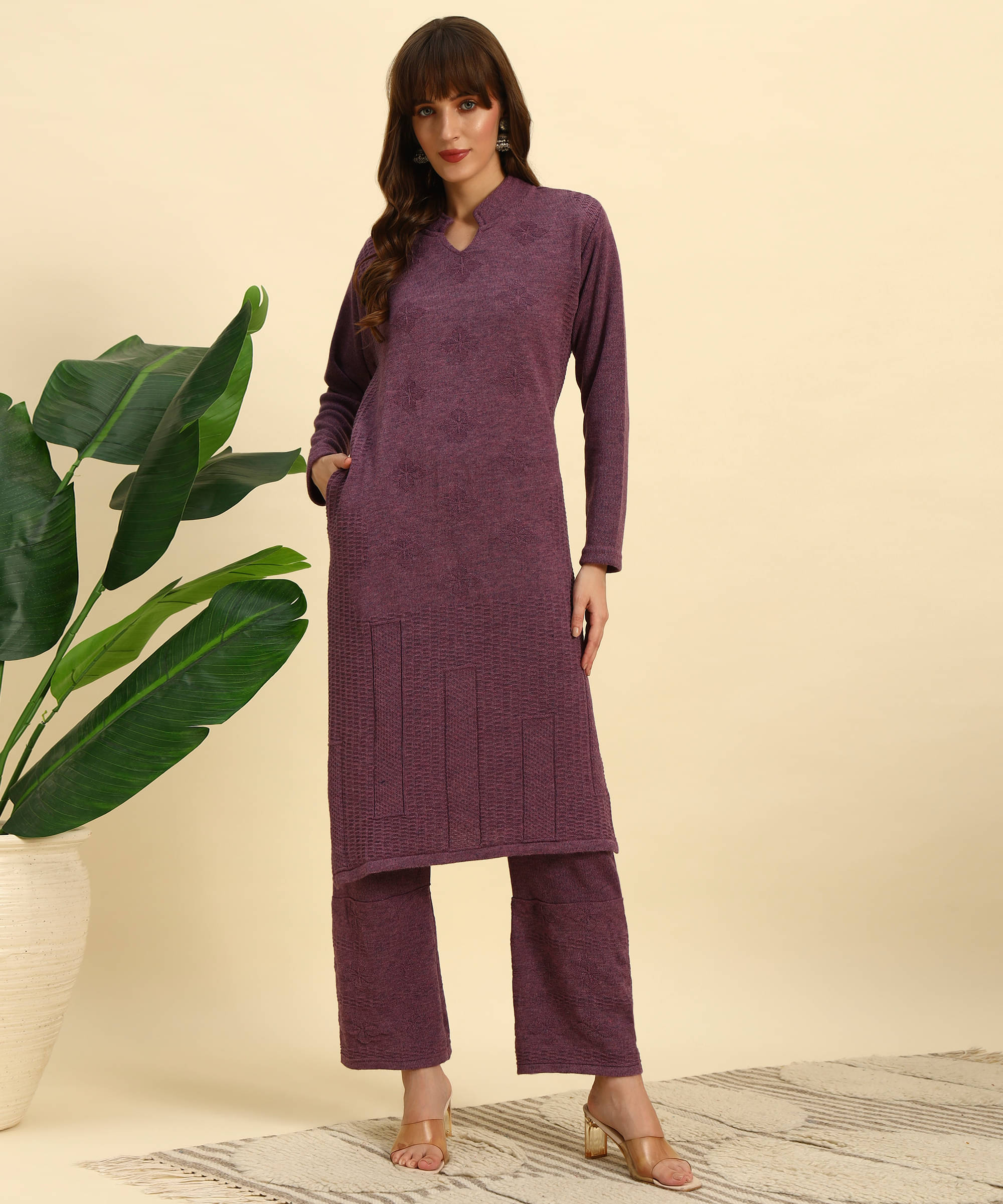 Canblar Women Woollen Solid Straight Kurti With Palazzo ( Purple ) Canblar Women Woollen Solid Straight Kurti With Palazzo ( Purple )