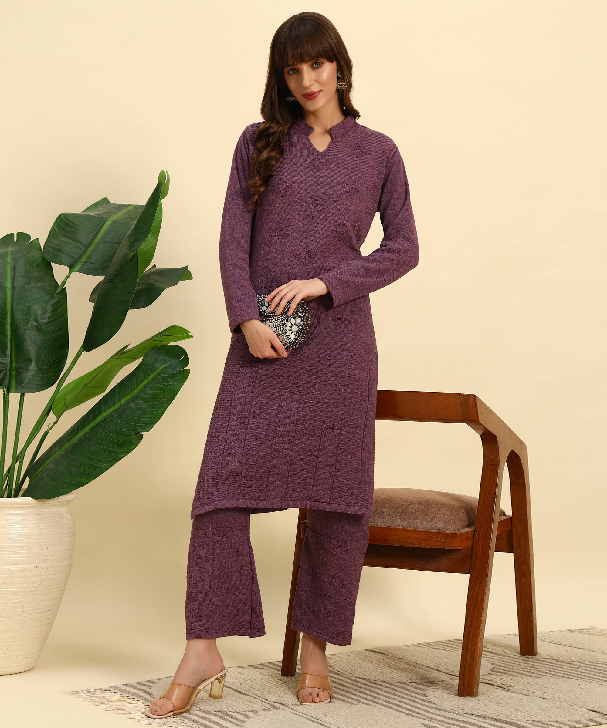 Canblar Women Woollen Solid Straight Kurti With Palazzo ( Purple )     			Canblar Women Woollen Solid Straight Kurti With Palazzo ( Purple )