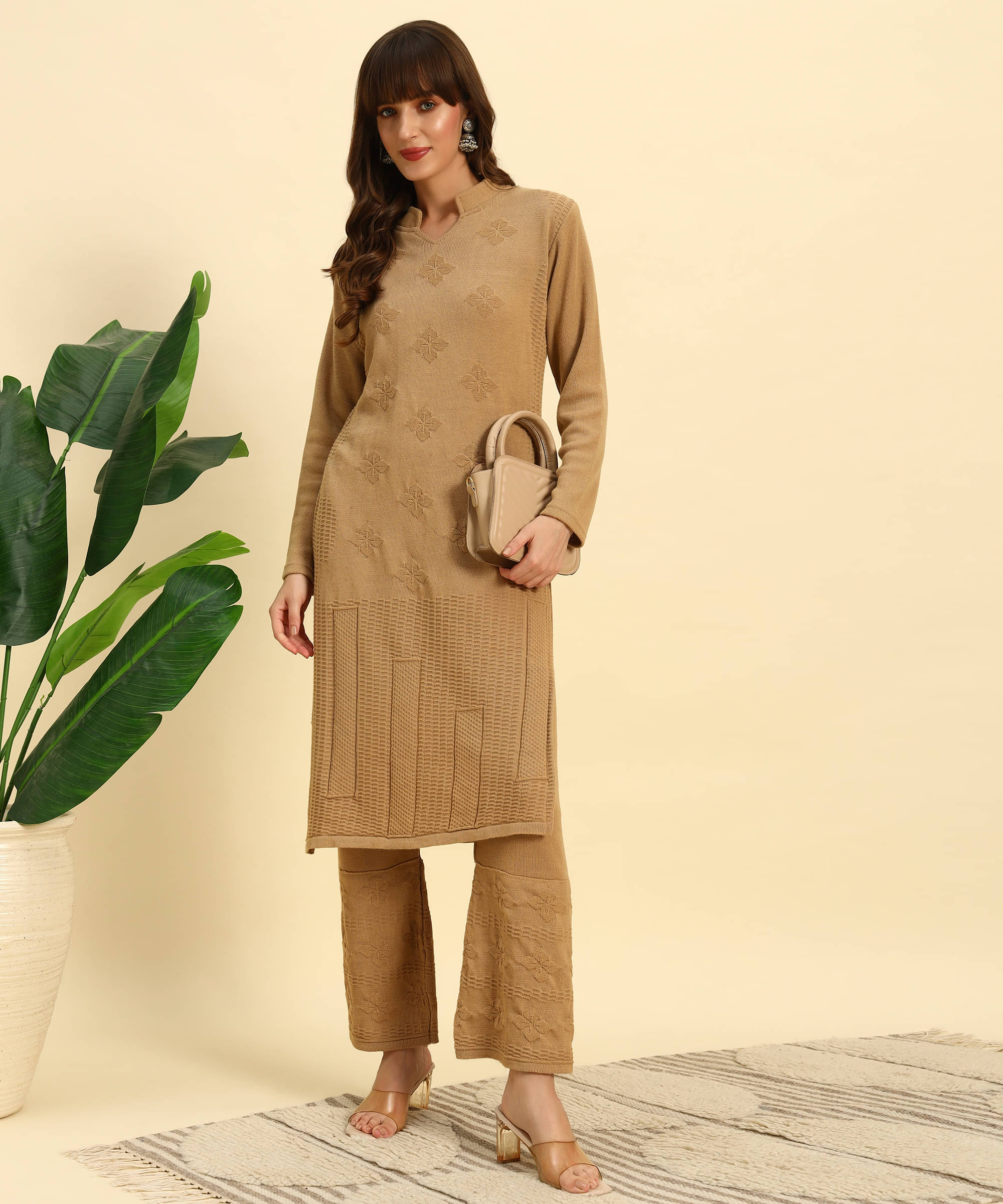     			Canblar Women Woollen Solid Straight Kurti With Palazzo ( Cream )