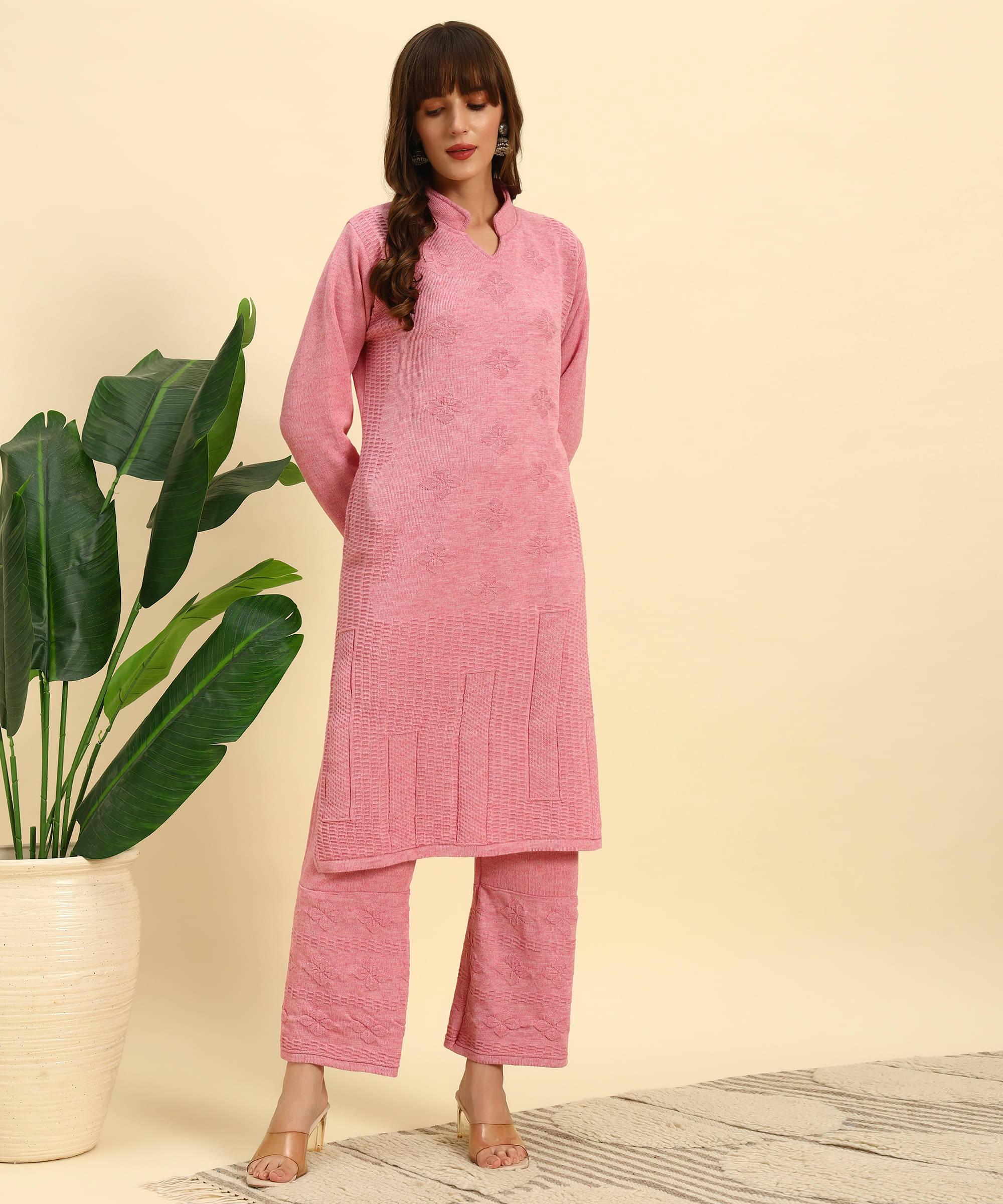     			Canblar Women Woollen Solid Straight Kurti With Palazzo ( Pink )