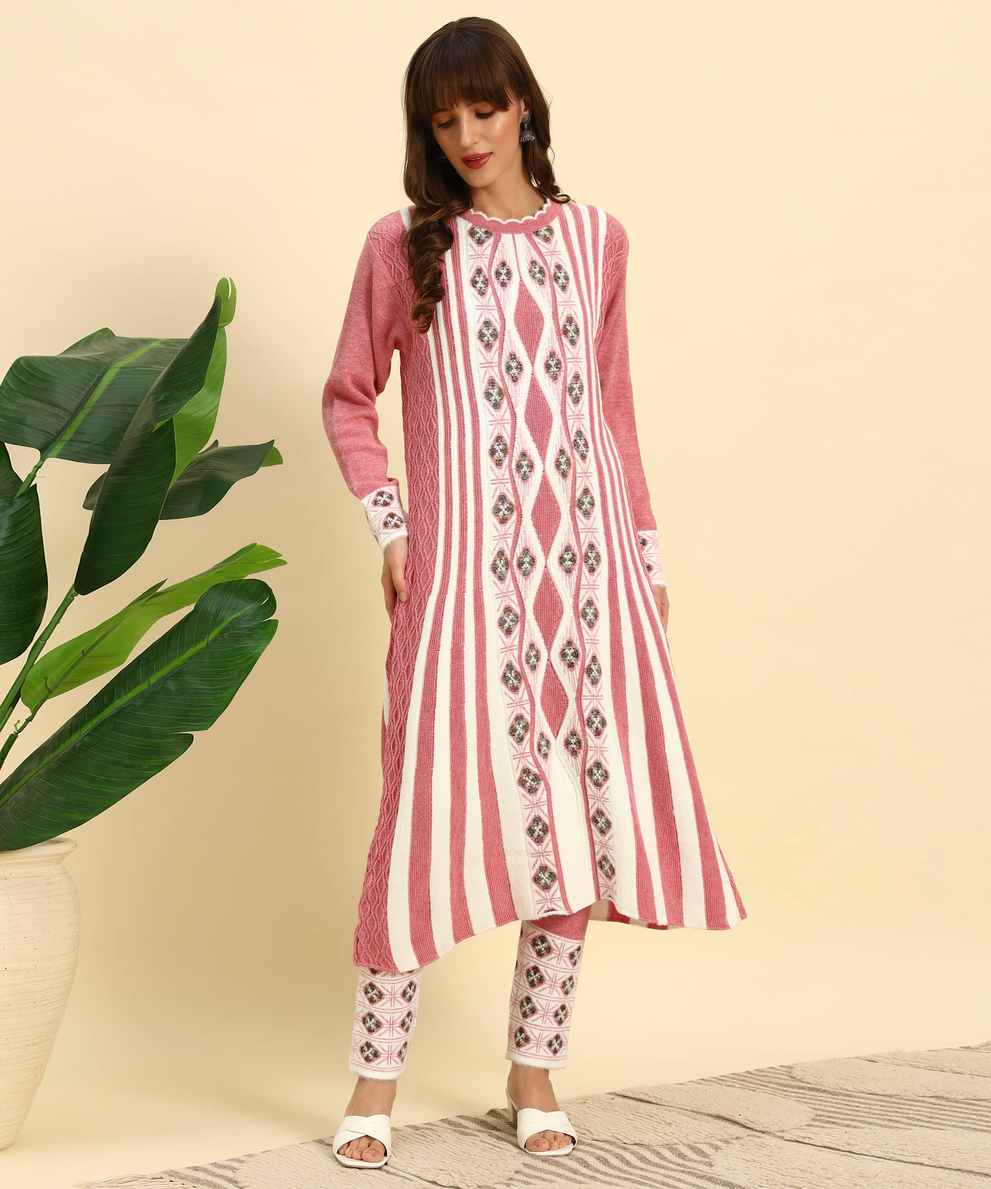     			Canblar Women Woollen Striped Frock Style Kurti With Palazzo ( Pink )
