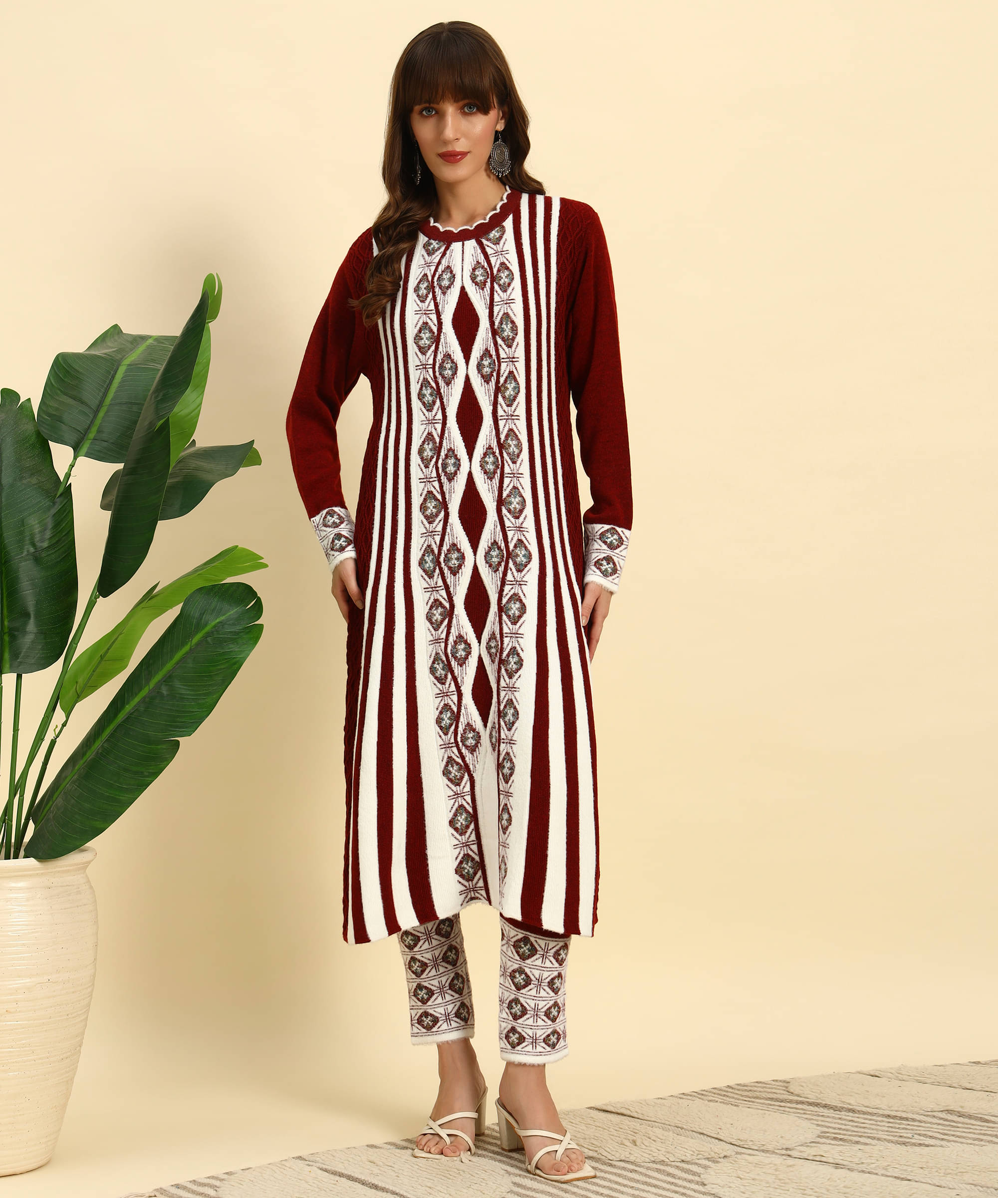     			Canblar Women Woollen Striped Frock Style Kurti With Palazzo ( Maroon )