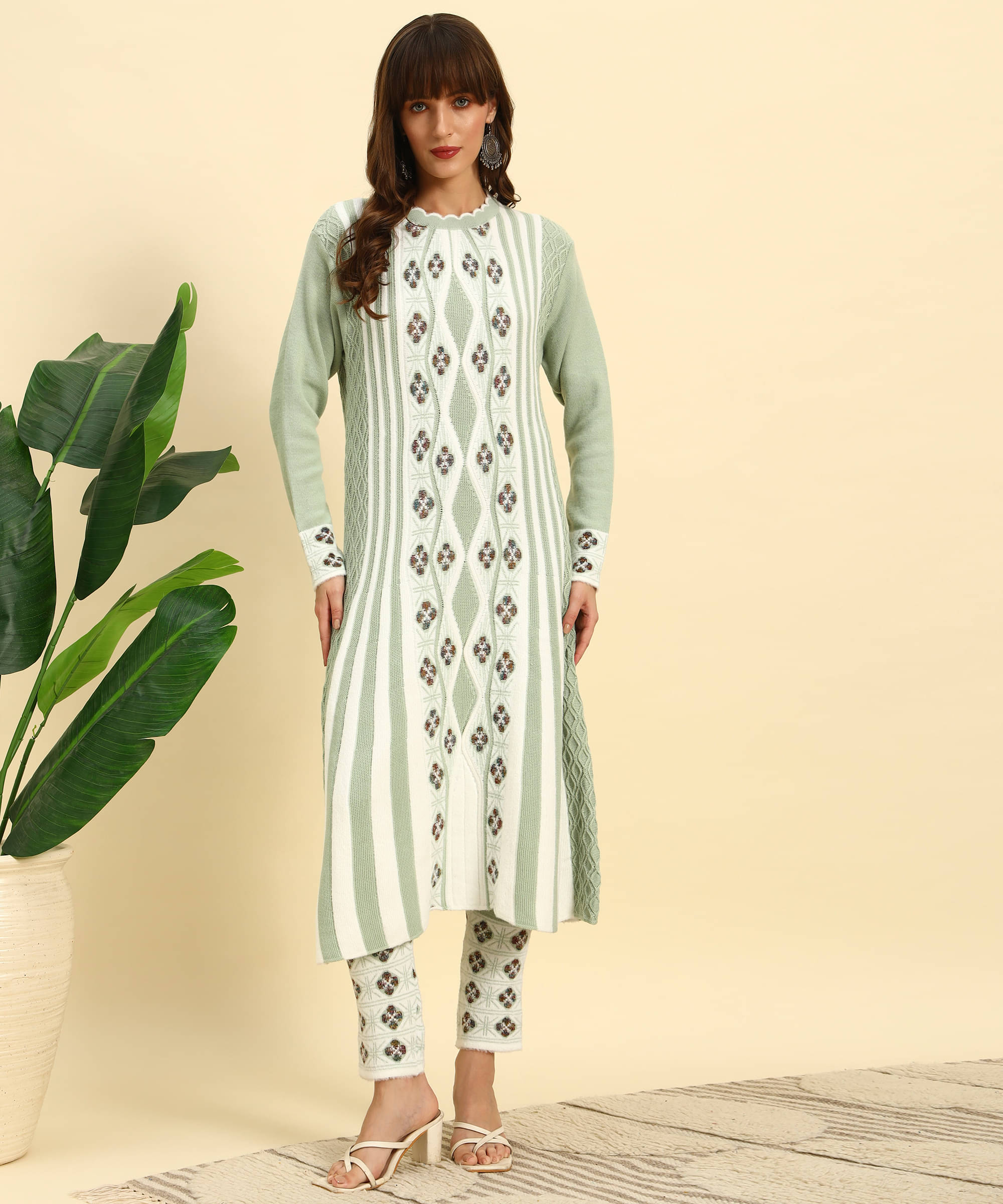     			Canblar Women Woollen Striped Frock Style Kurti With Palazzo ( Green )