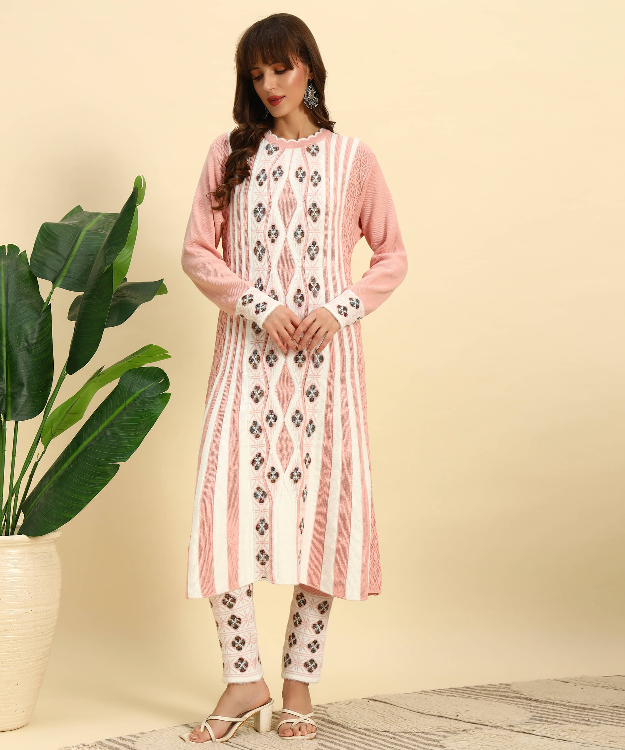     			Canblar Women Woollen Striped Frock Style Kurti With Palazzo ( Peach )
