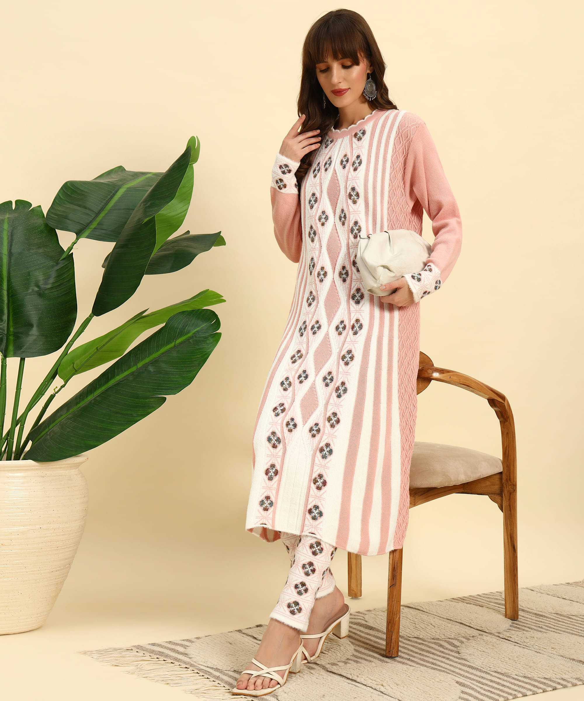     			Canblar Women Woollen Striped Frock Style Kurti With Palazzo ( Peach )