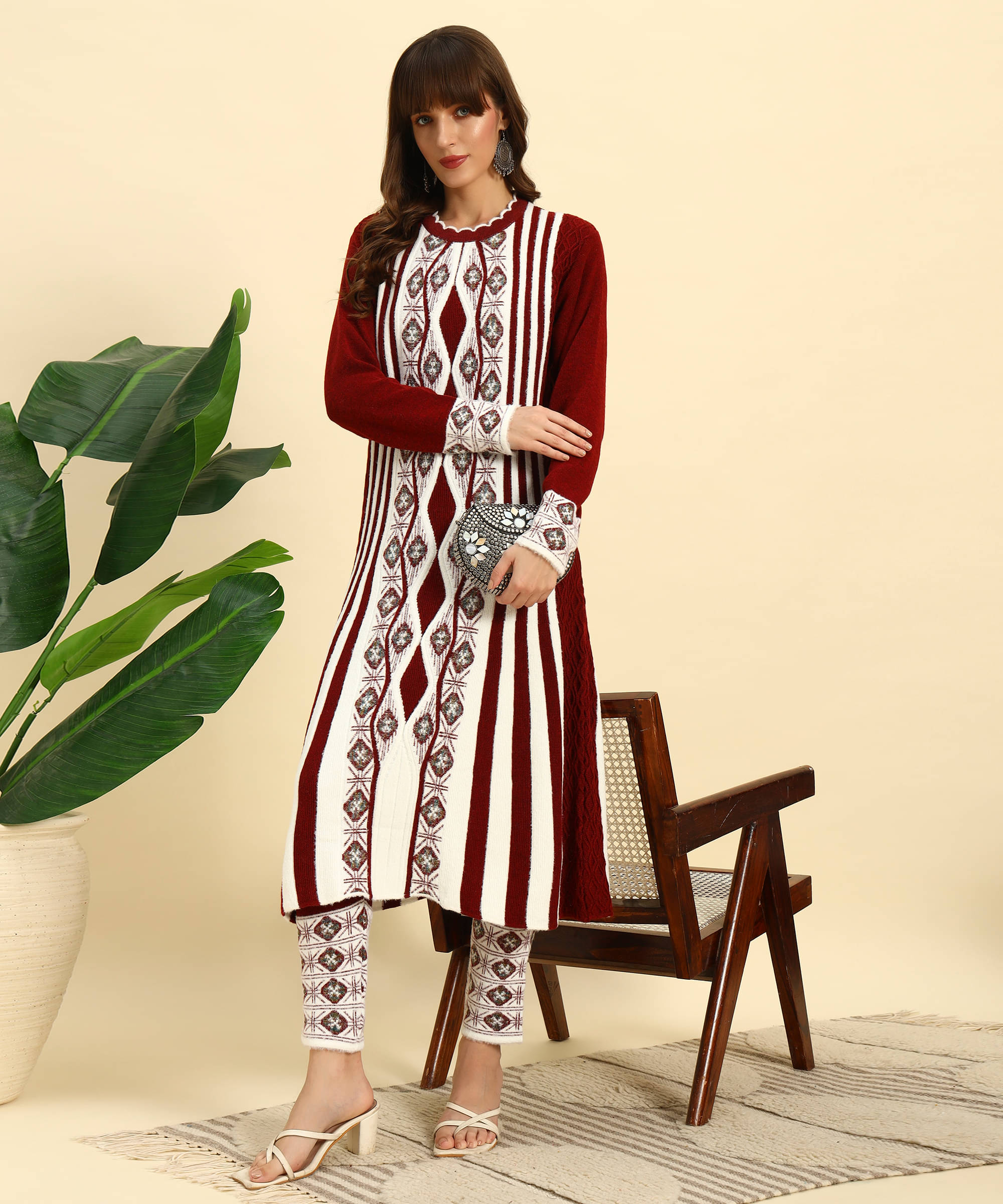     			Canblar Women Woollen Striped Frock Style Kurti With Palazzo ( Maroon )