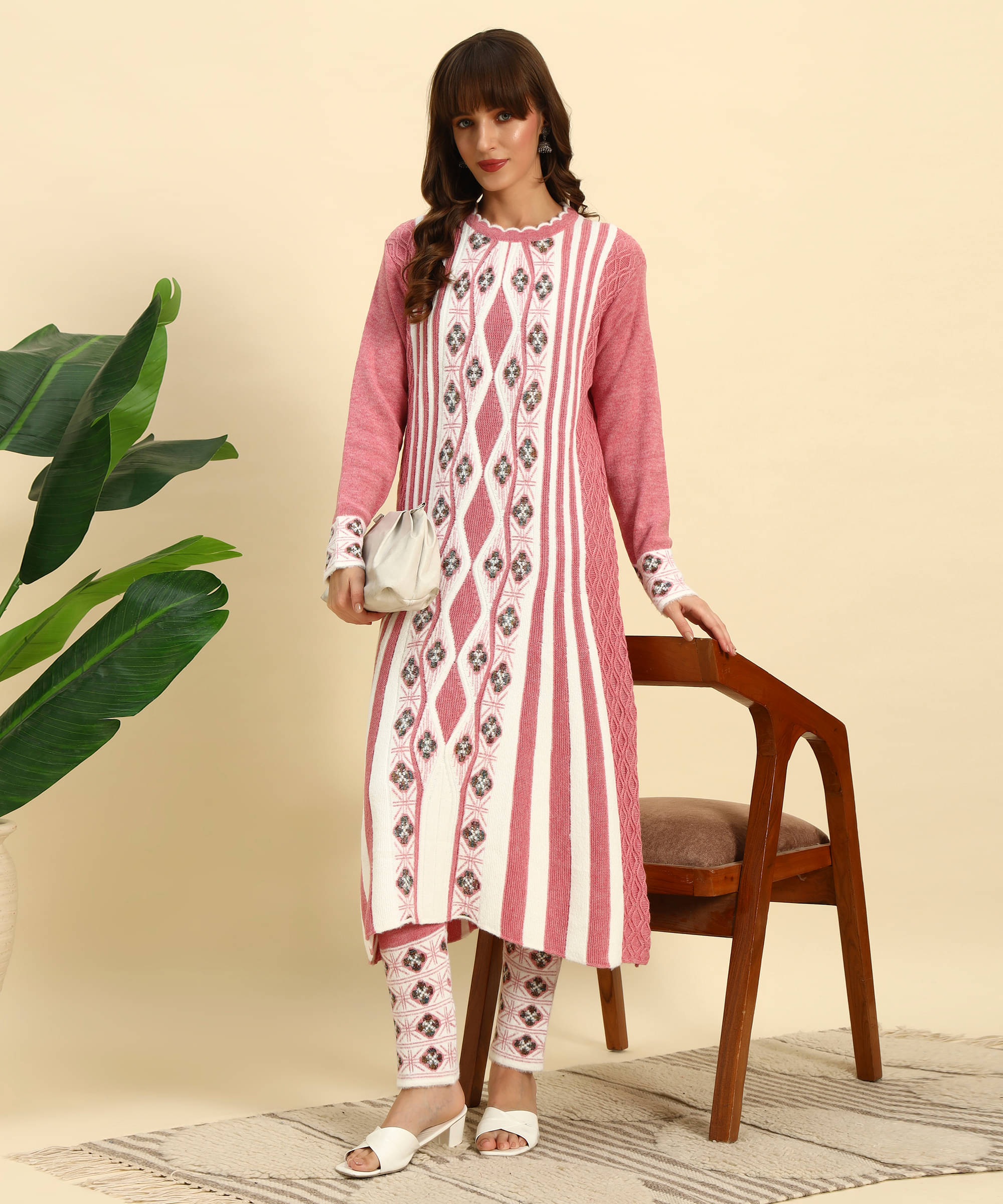     			Canblar Women Woollen Striped Frock Style Kurti With Palazzo ( Pink )