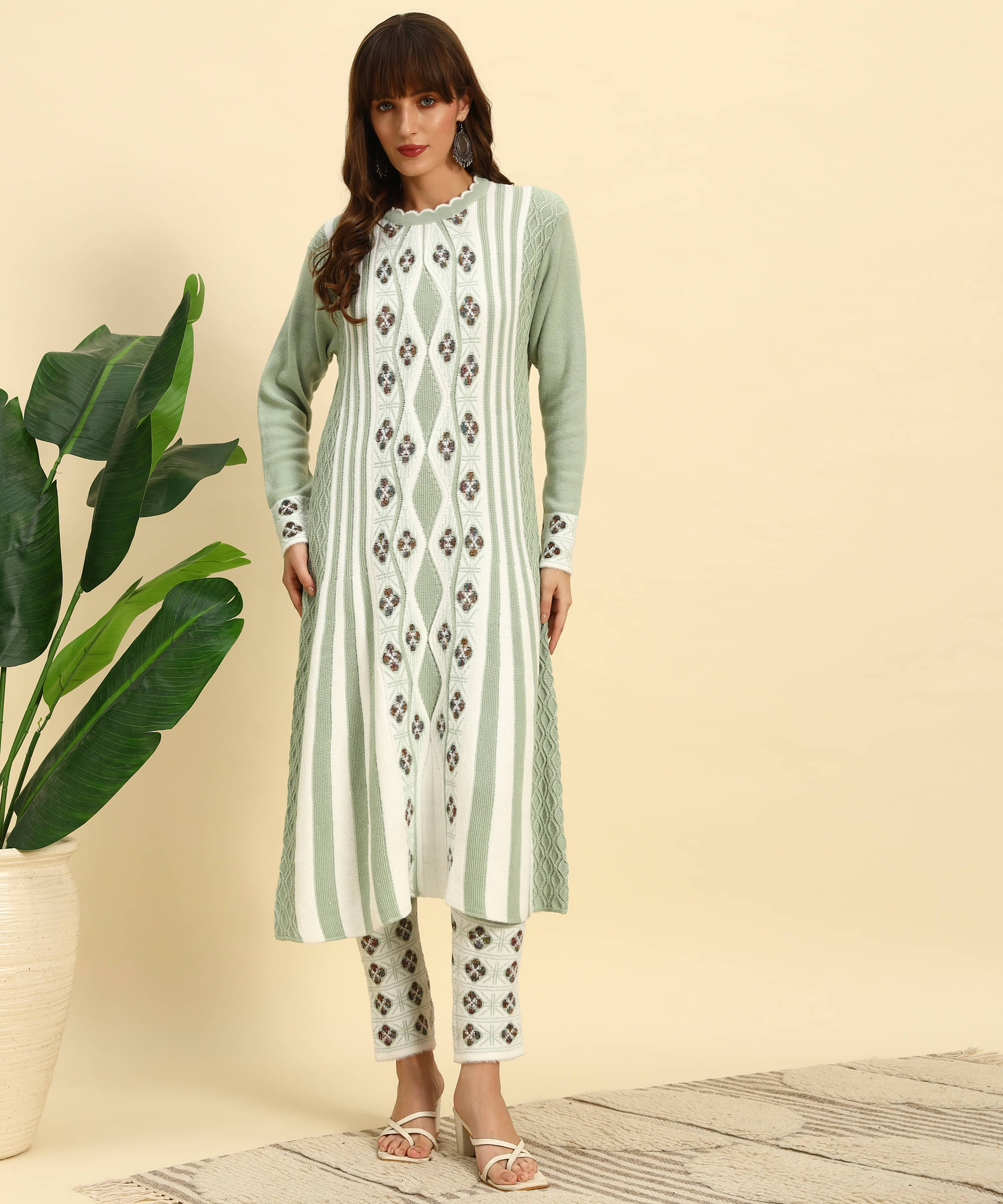     			Canblar Women Woollen Striped Frock Style Kurti With Palazzo ( Green )
