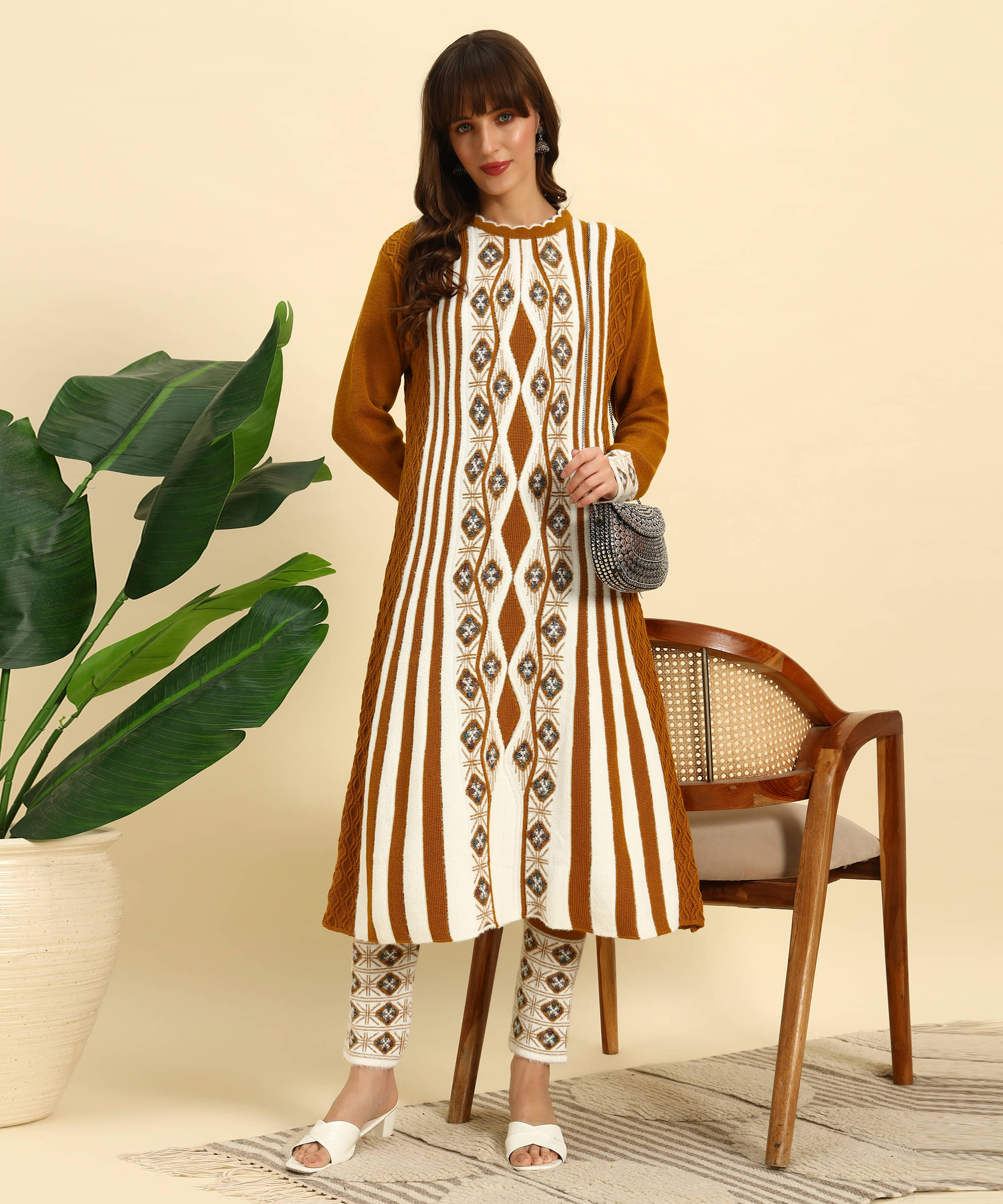     			Canblar Women Woollen Striped Frock Style Kurti With Palazzo ( Brown )