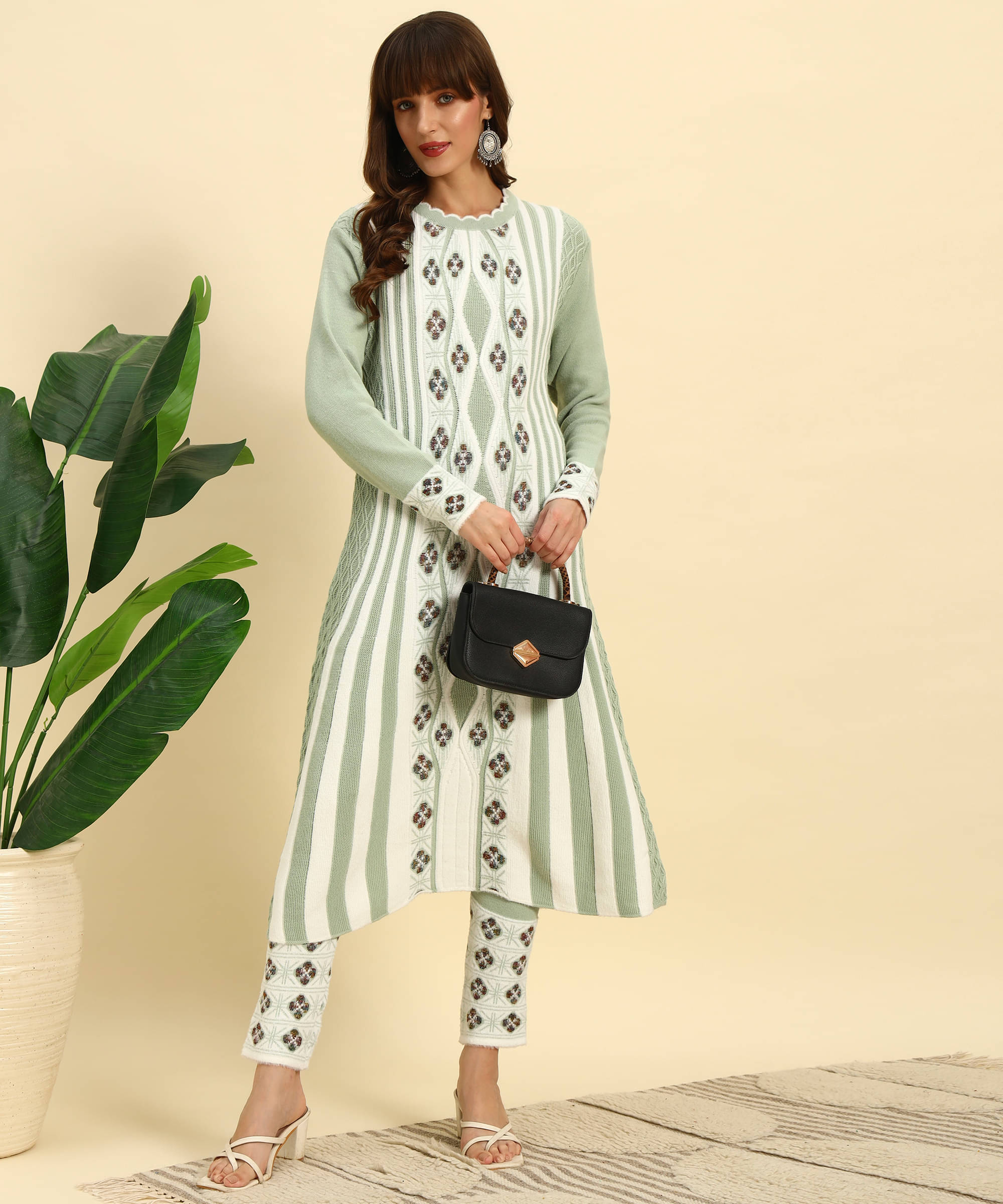     			Canblar Women Woollen Striped Frock Style Kurti With Palazzo ( Green )