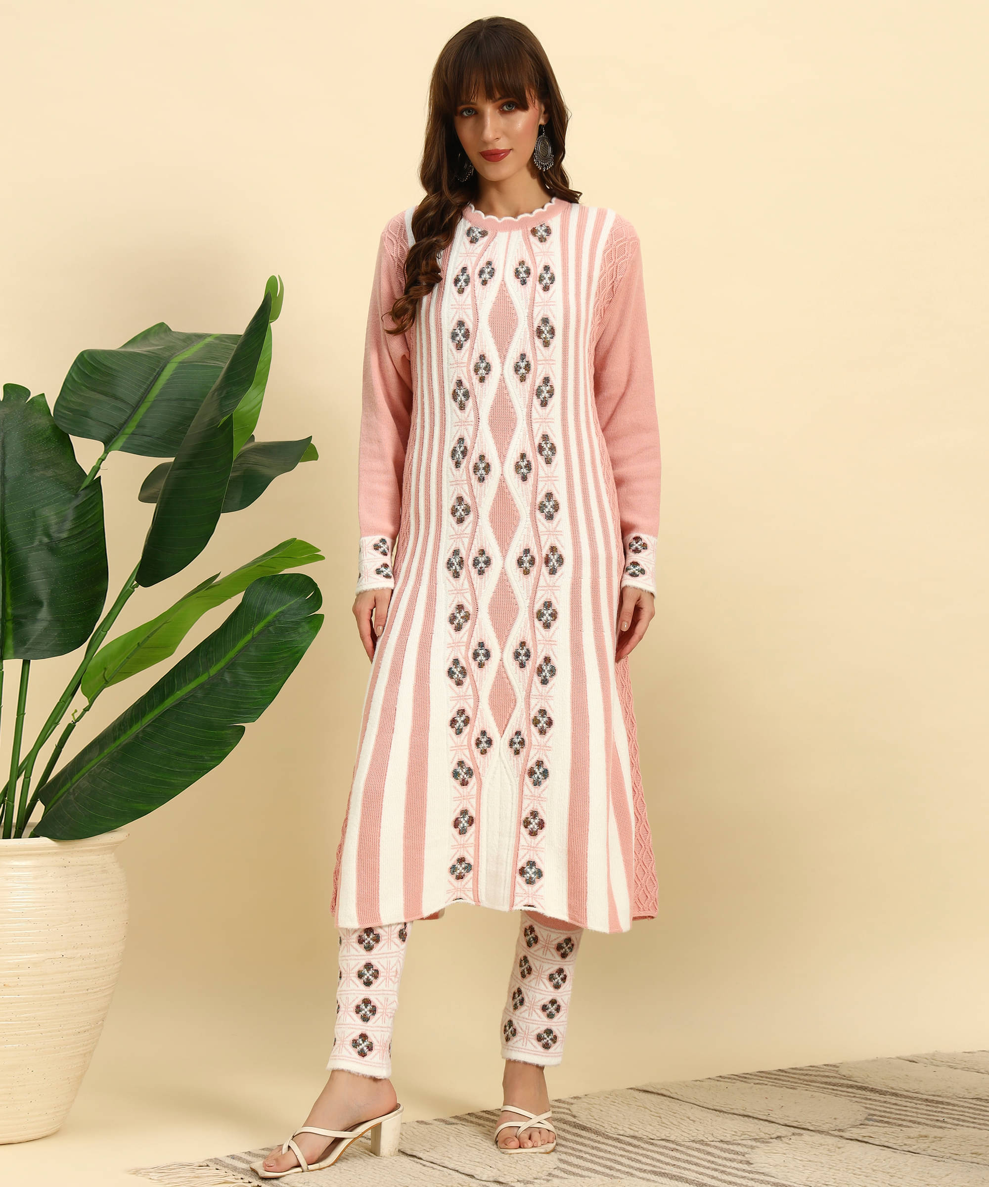     			Canblar Women Woollen Striped Frock Style Kurti With Palazzo ( Peach )