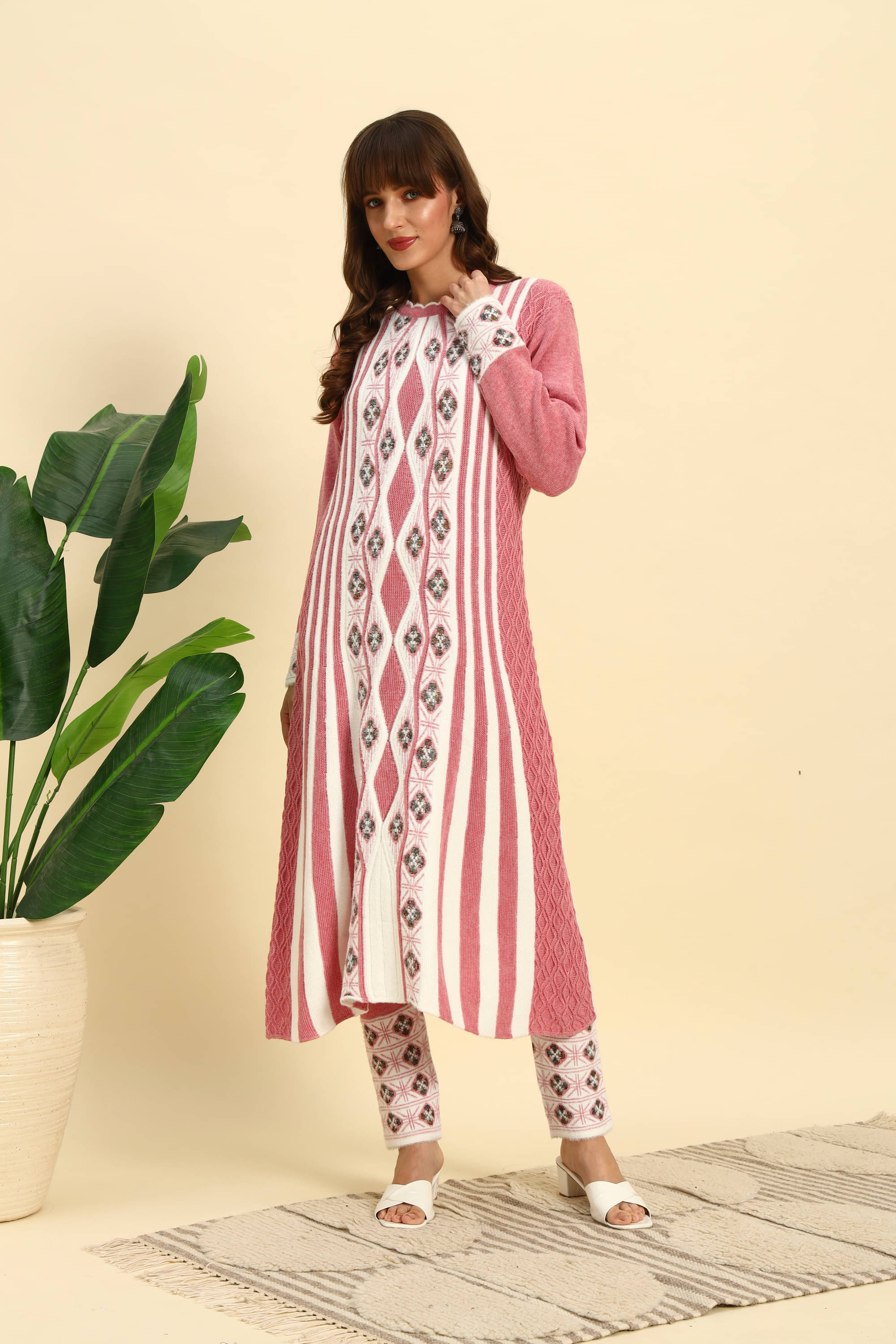     			Canblar Women Woollen Striped Frock Style Kurti With Palazzo ( Pink )