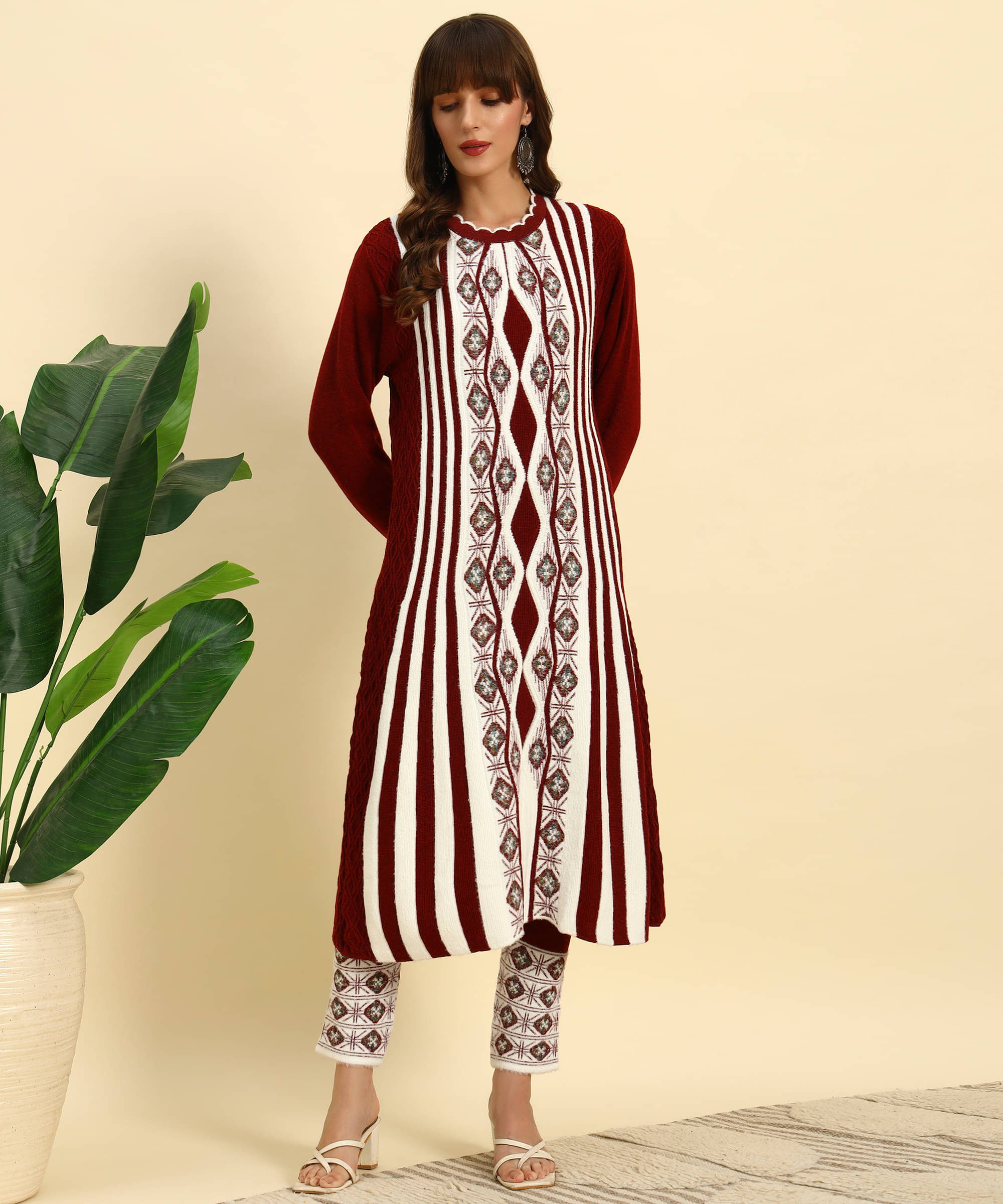     			Canblar Women Woollen Striped Frock Style Kurti With Palazzo ( Maroon )