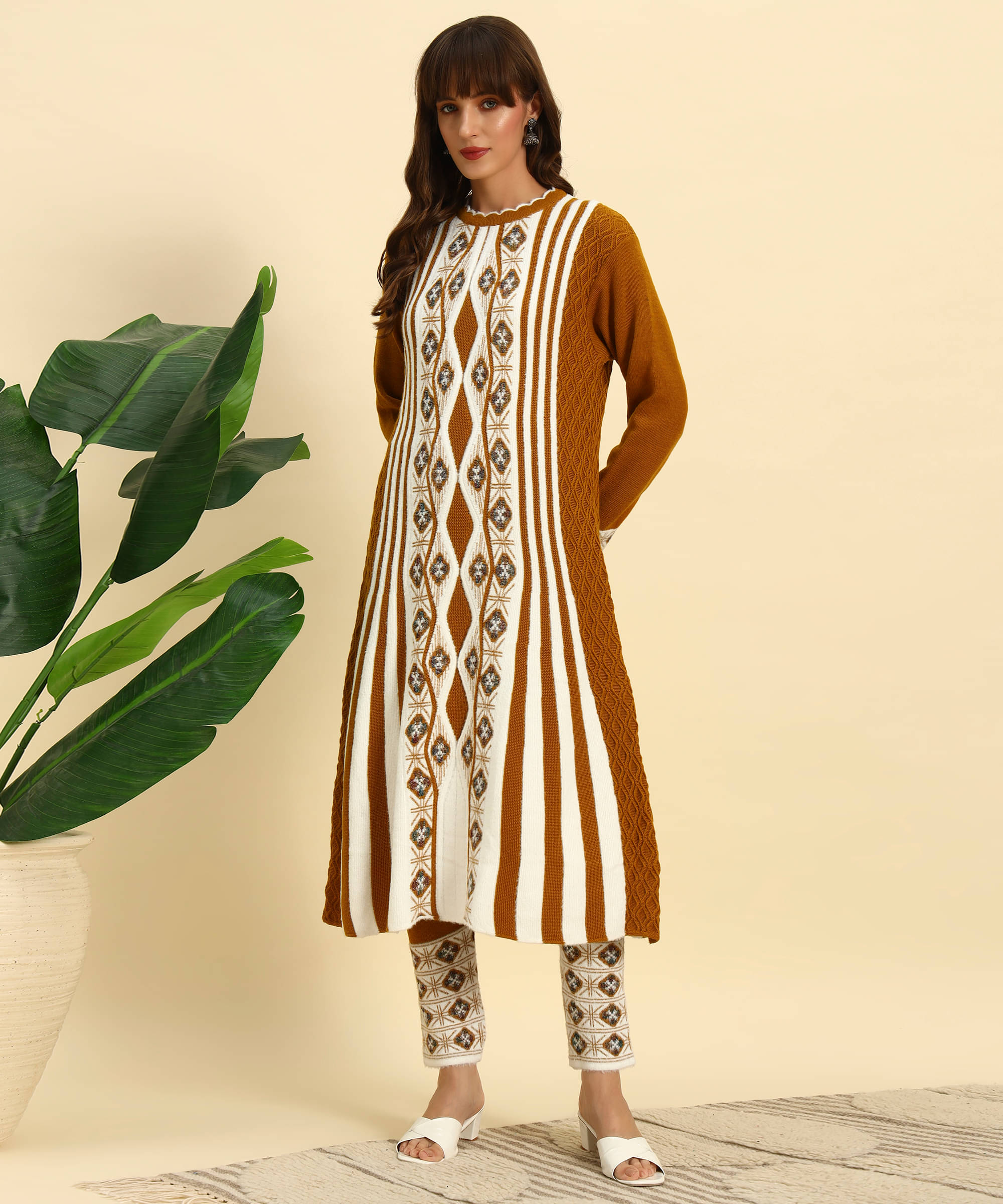     			Canblar Women Woollen Striped Frock Style Kurti With Palazzo ( Brown )