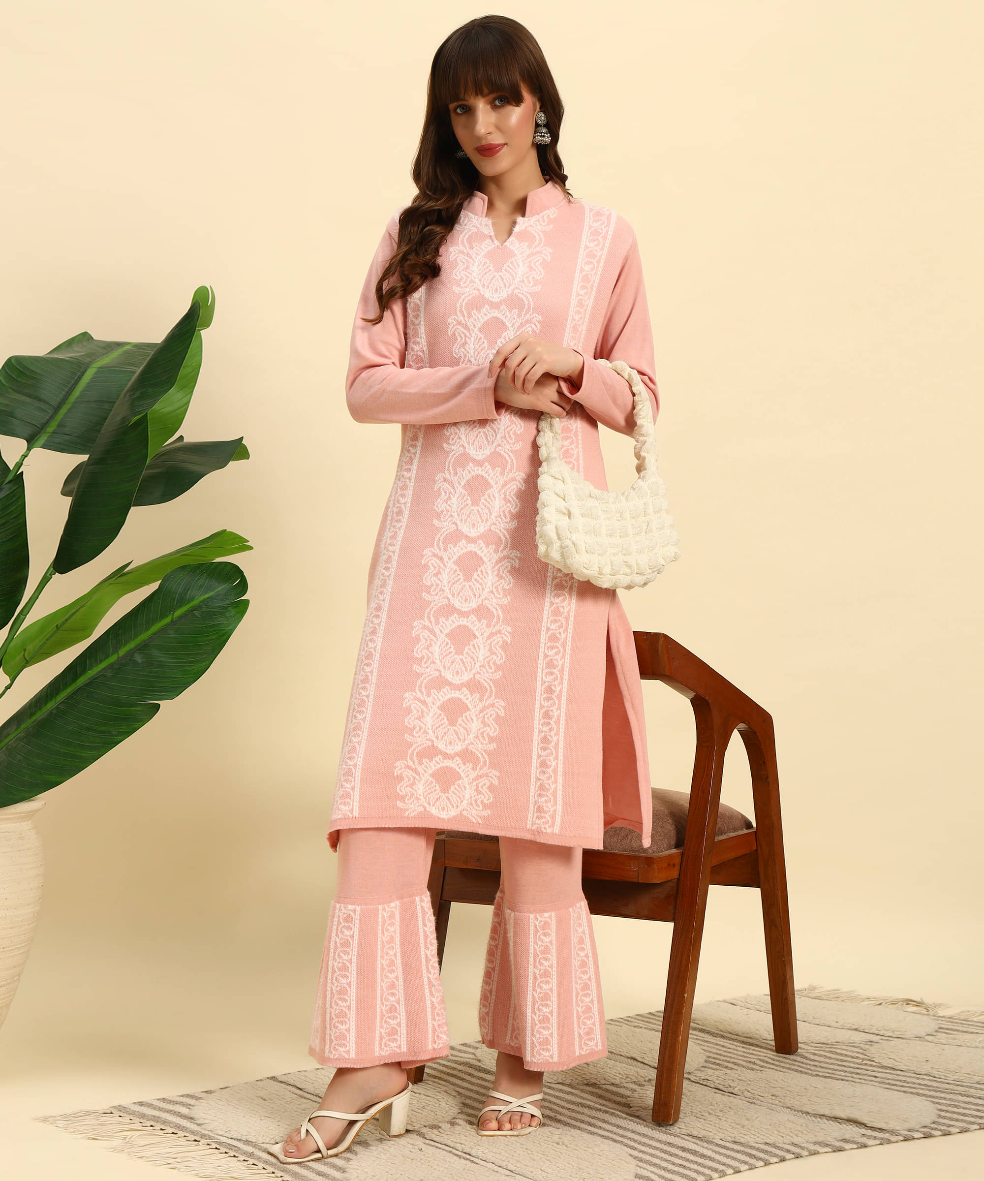     			Canblar Women Woollen Striped Straight Kurti With Palazzo ( Peach )
