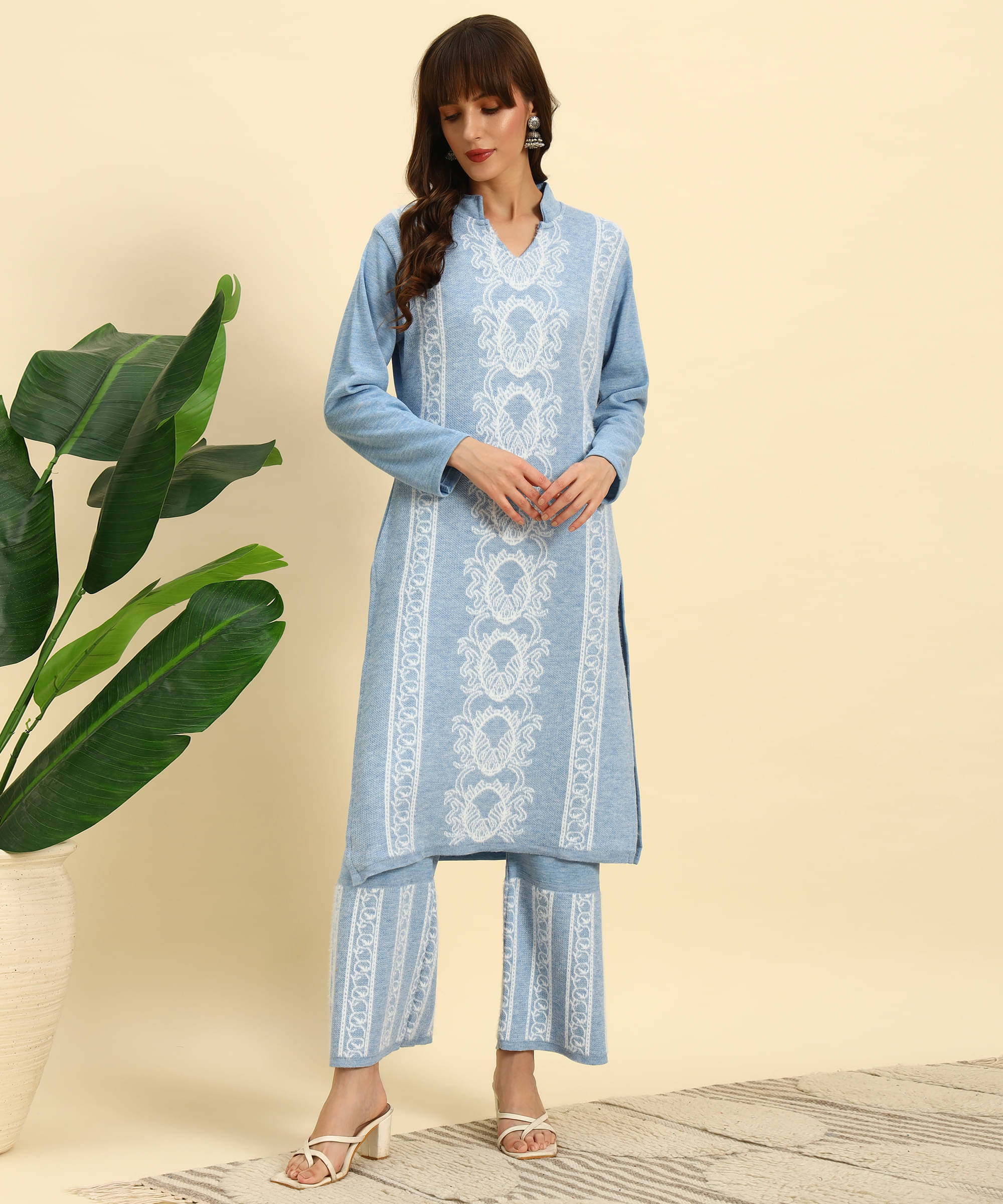     			Canblar Women Woollen Striped Straight Kurti With Palazzo ( Light Blue )