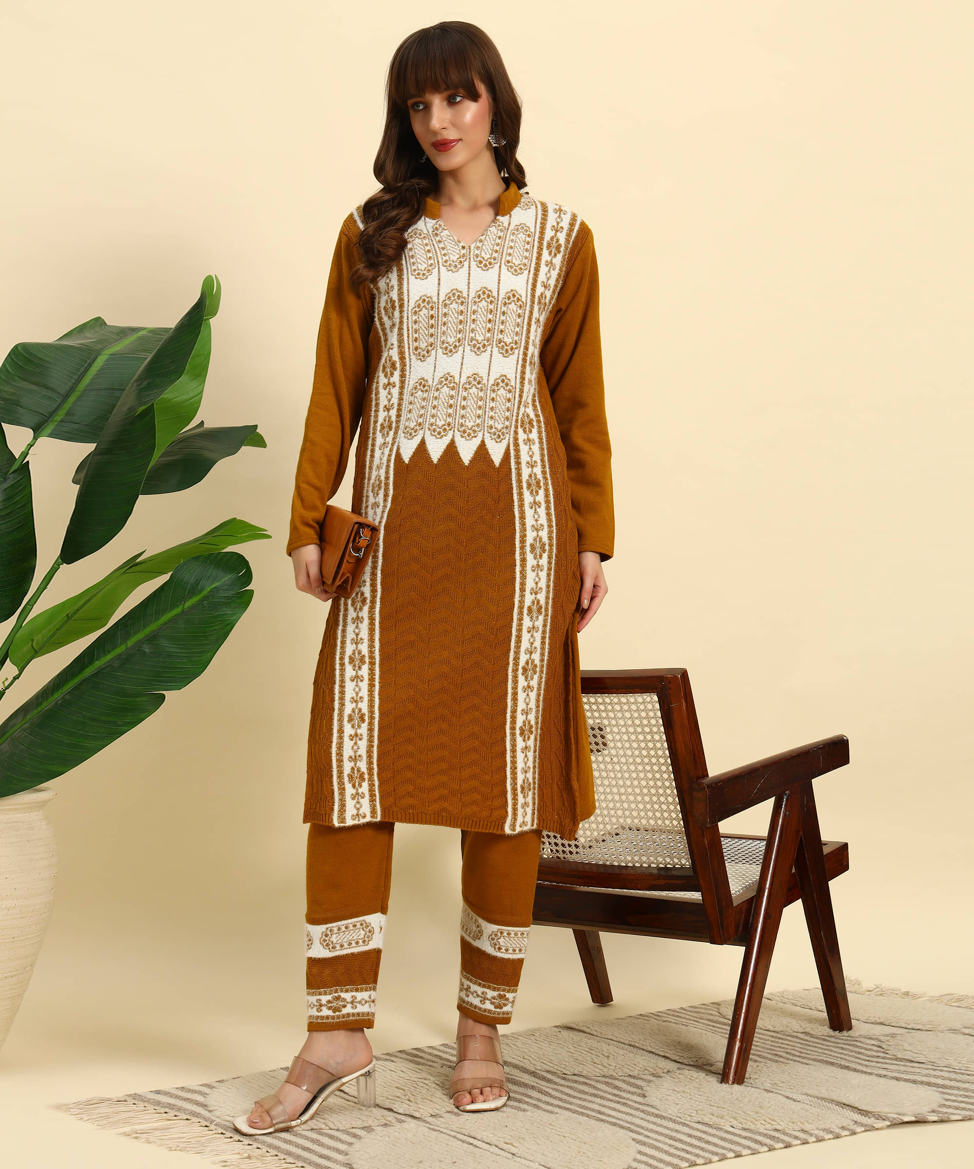 Canblar Women Woollen Striped Straight Kurti With Palazzo ( Brown ) Canblar Women Woollen Striped Straight Kurti With Palazzo ( Brown )