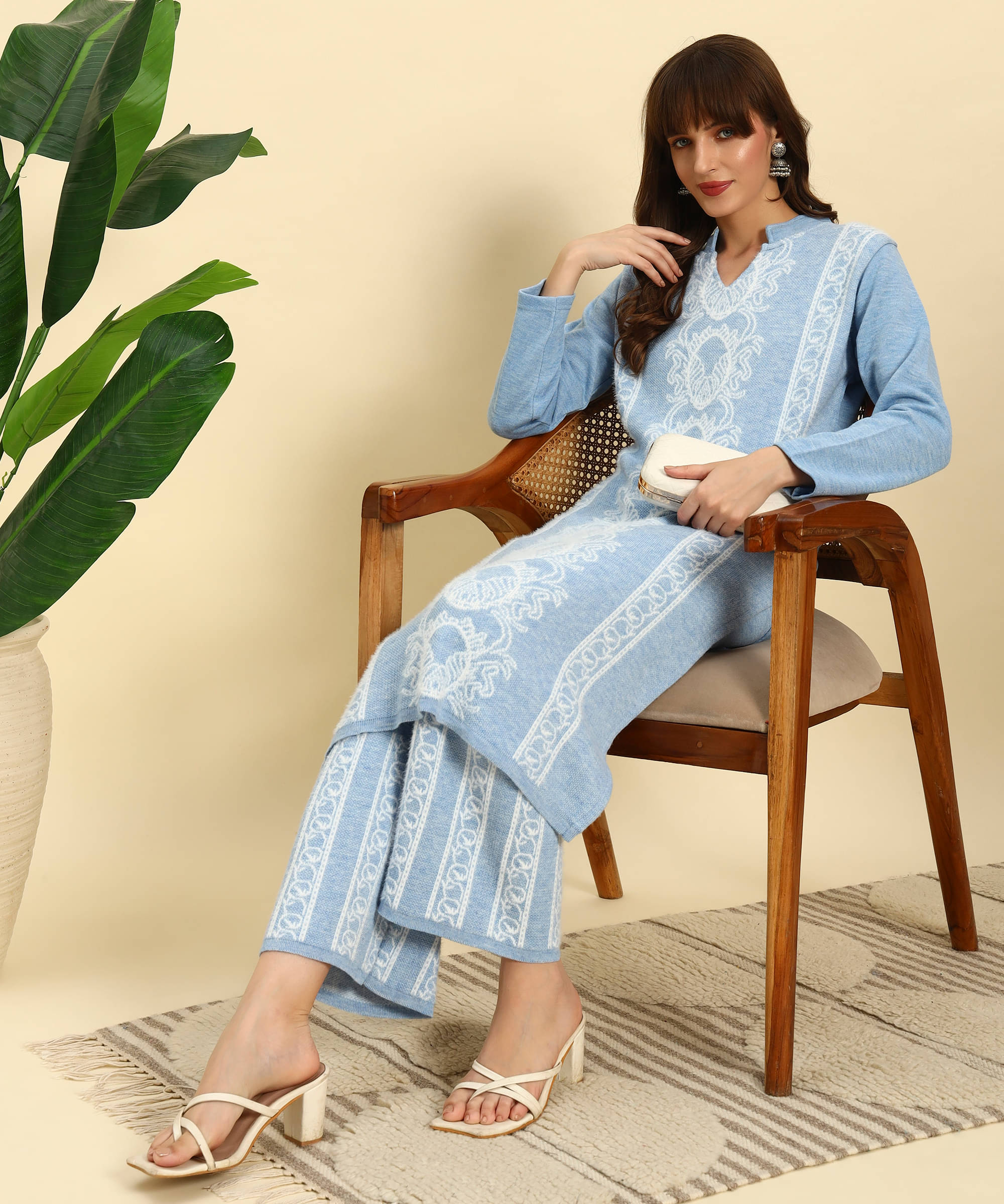     			Canblar Women Woollen Striped Straight Kurti With Palazzo ( Light Blue )