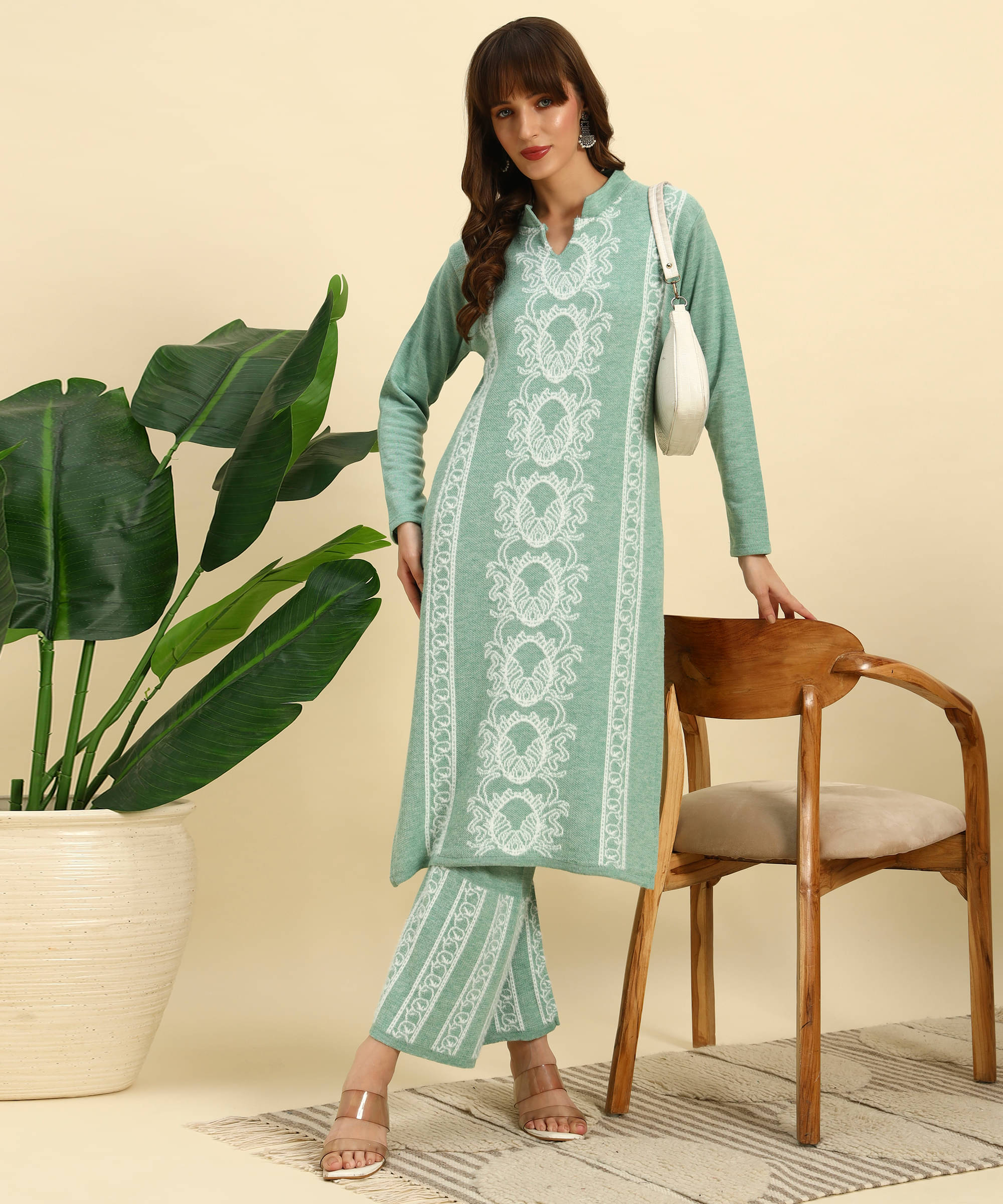 Canblar Women Woollen Striped Straight Kurti With Palazzo ( Green ) Canblar Women Woollen Striped Straight Kurti With Palazzo ( Green )