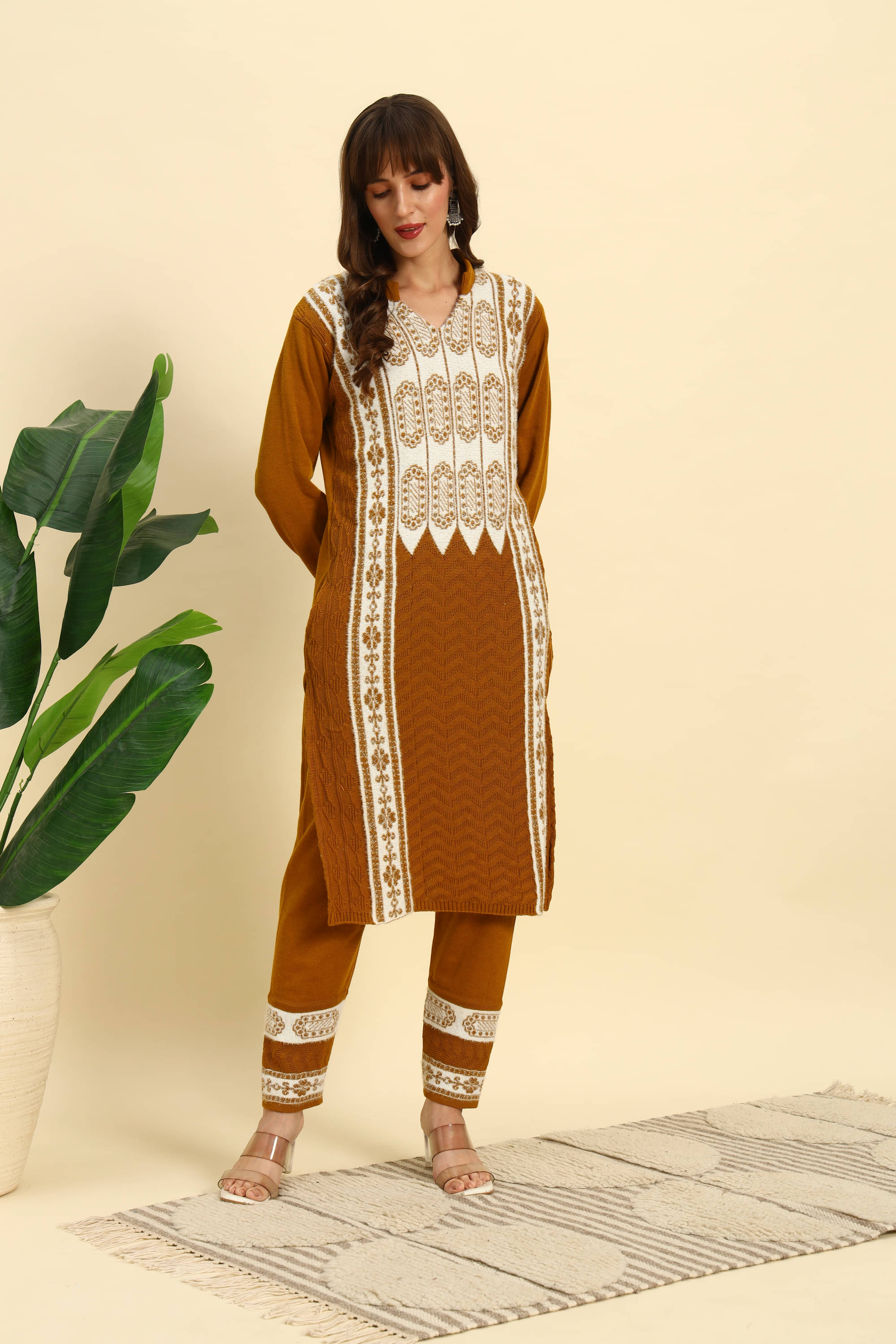 Canblar Women Woollen Striped Straight Kurti With Palazzo ( Brown ) Canblar Women Woollen Striped Straight Kurti With Palazzo ( Brown )