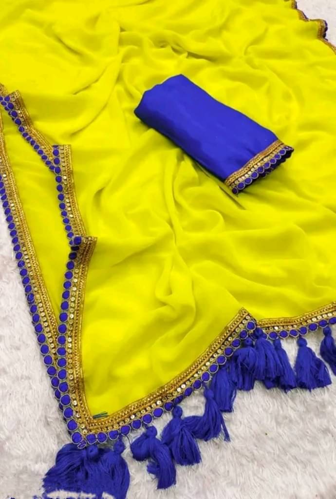     			Faz Collection Georgette Embellished Tant Saree With Unstitched Blouse Piece ( Lime Green,Blue )