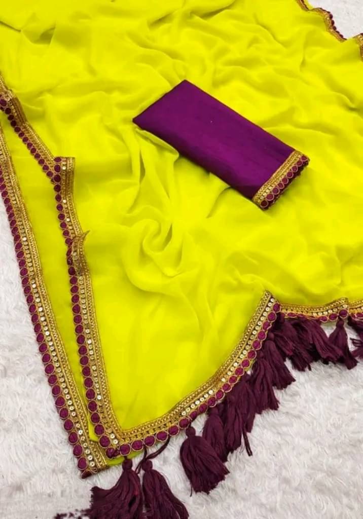     			Faz Collection Georgette Embellished Tant Saree With Unstitched Blouse Piece ( Lime Green,Wine )
