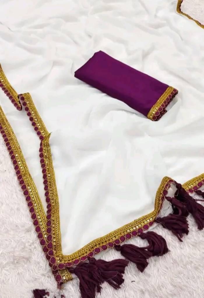     			Faz Collection Georgette Embellished Tant Saree With Unstitched Blouse Piece ( White,Wine )