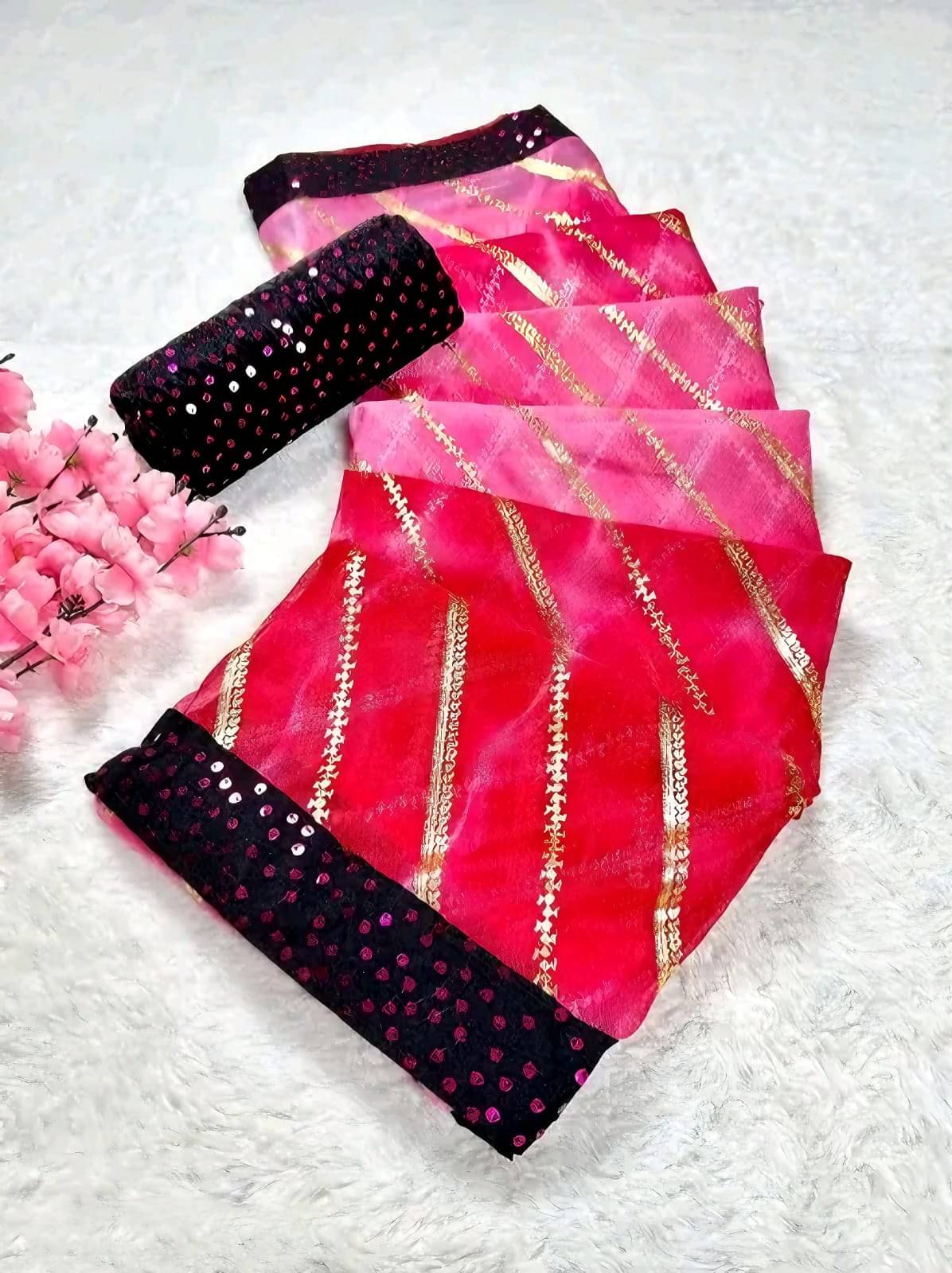     			Faz Collection Organza Printed Bandhani Sarees With Unstitched Blouse Piece ( Wine )