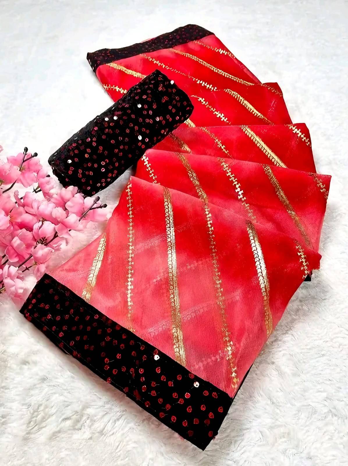     			Faz Collection Organza Printed Bandhani Sarees With Unstitched Blouse Piece ( Rani )